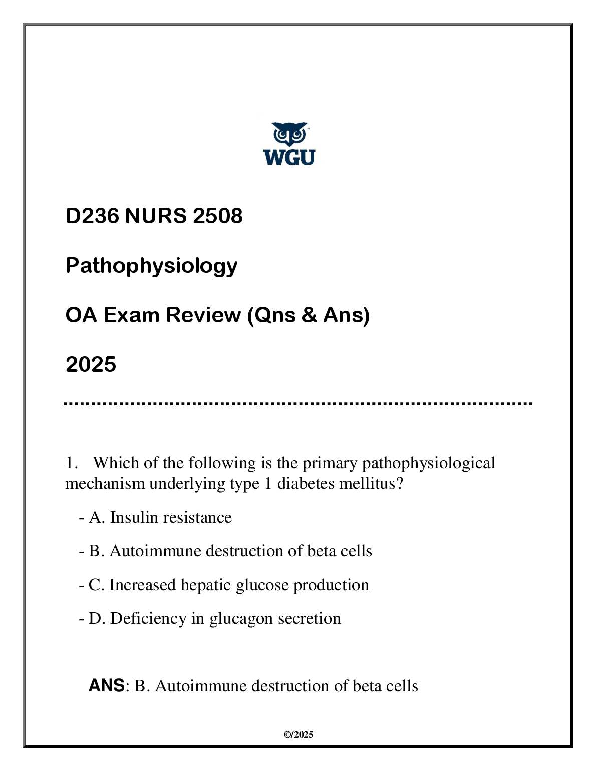 NURS 2508 Patho Test Bank 2025 WGU OA Exam