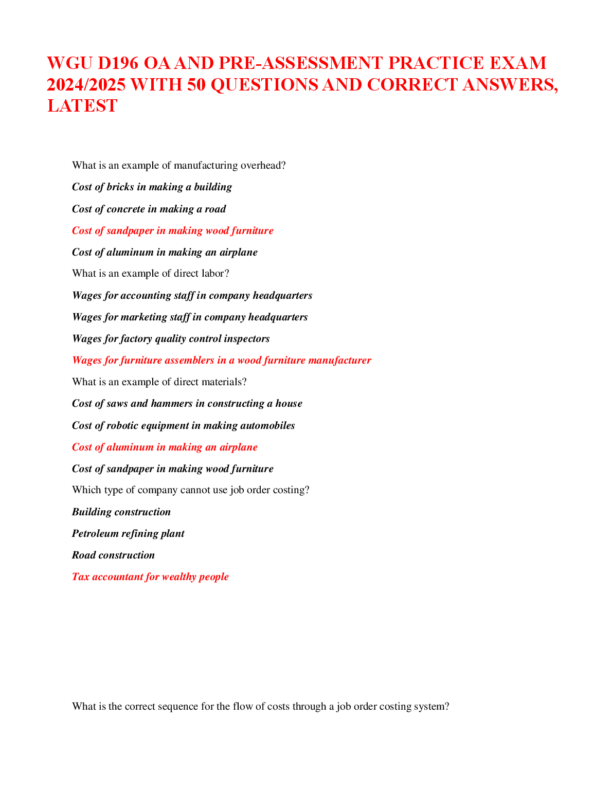 WGU D196 Finance and Management Accountancy Test Bank