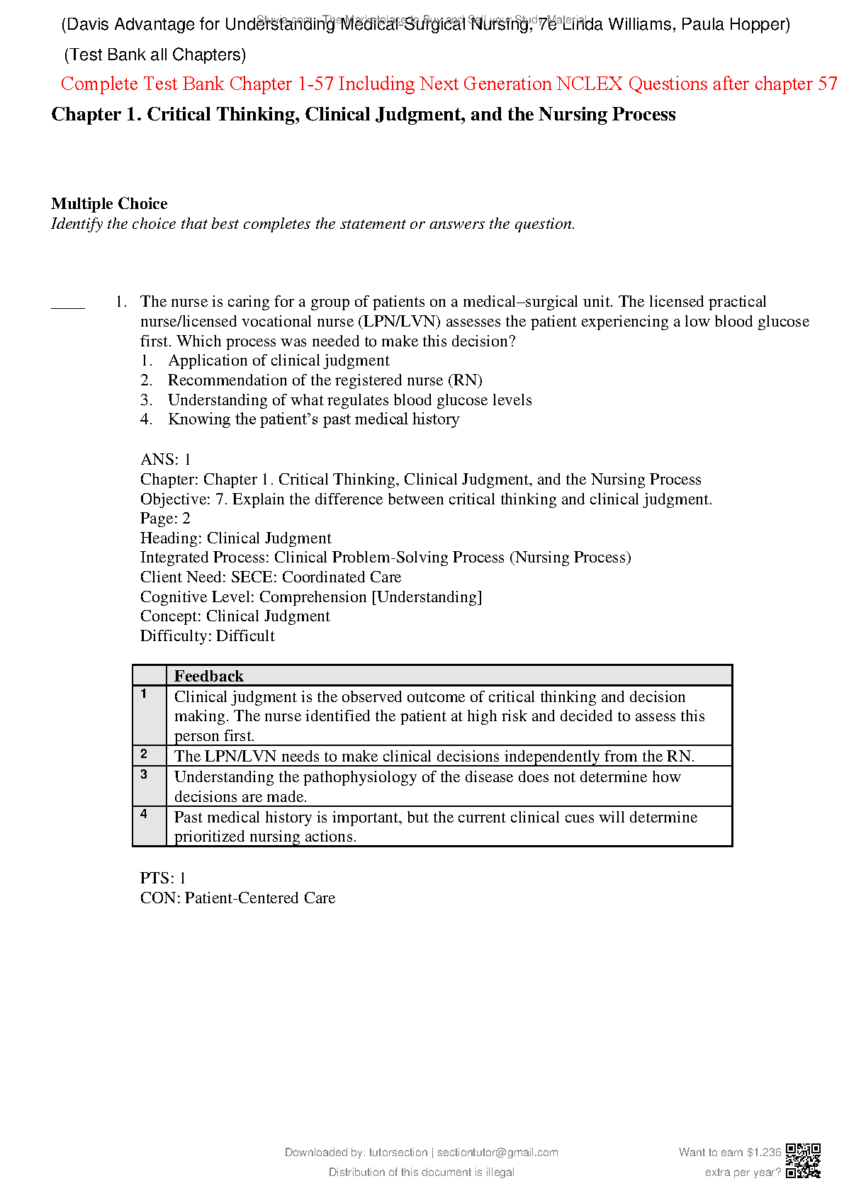 Critical Thinking Nursing Test Bank with Rationales & Answers