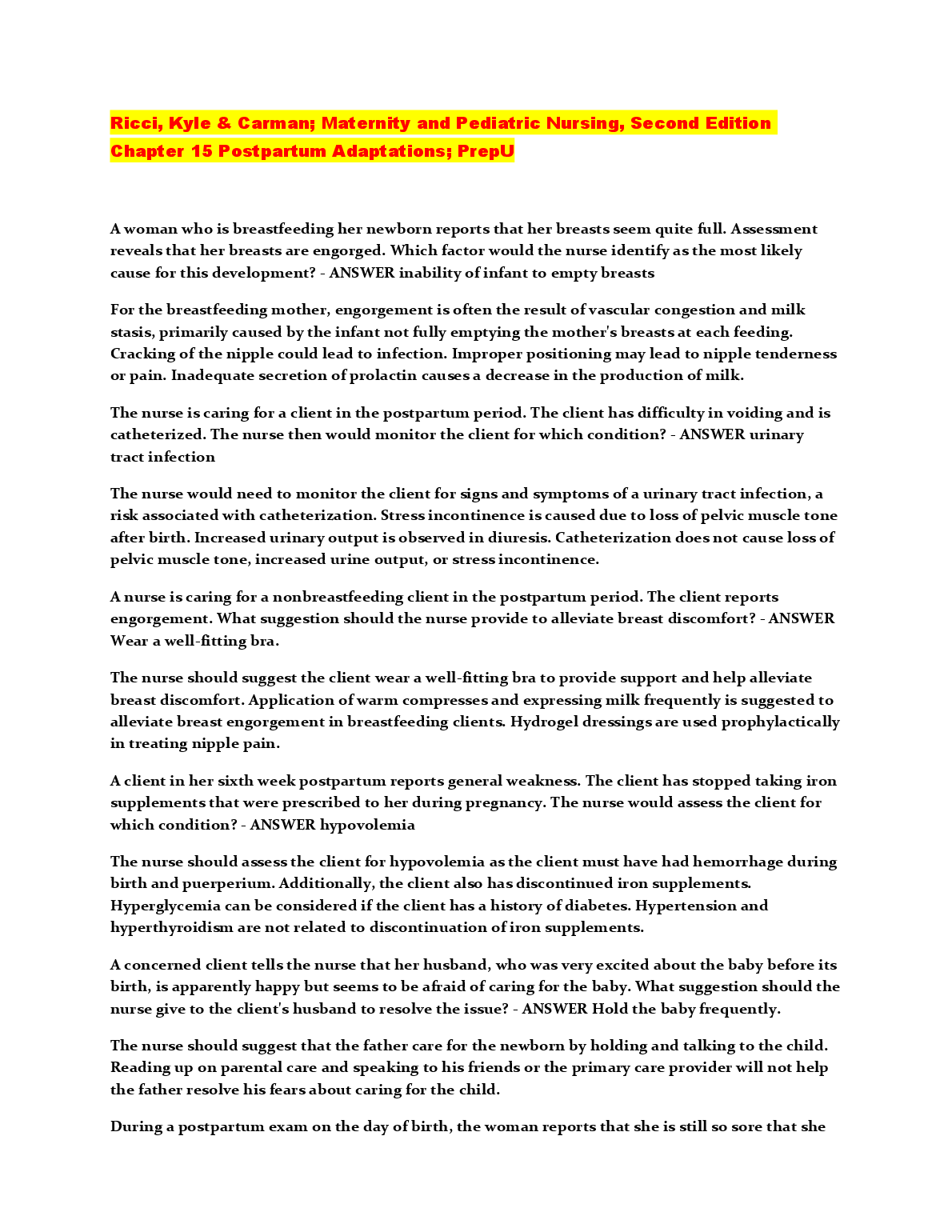 Chapter 15 Postpartum Test Bank Ricci Kyle Carman 2026/27