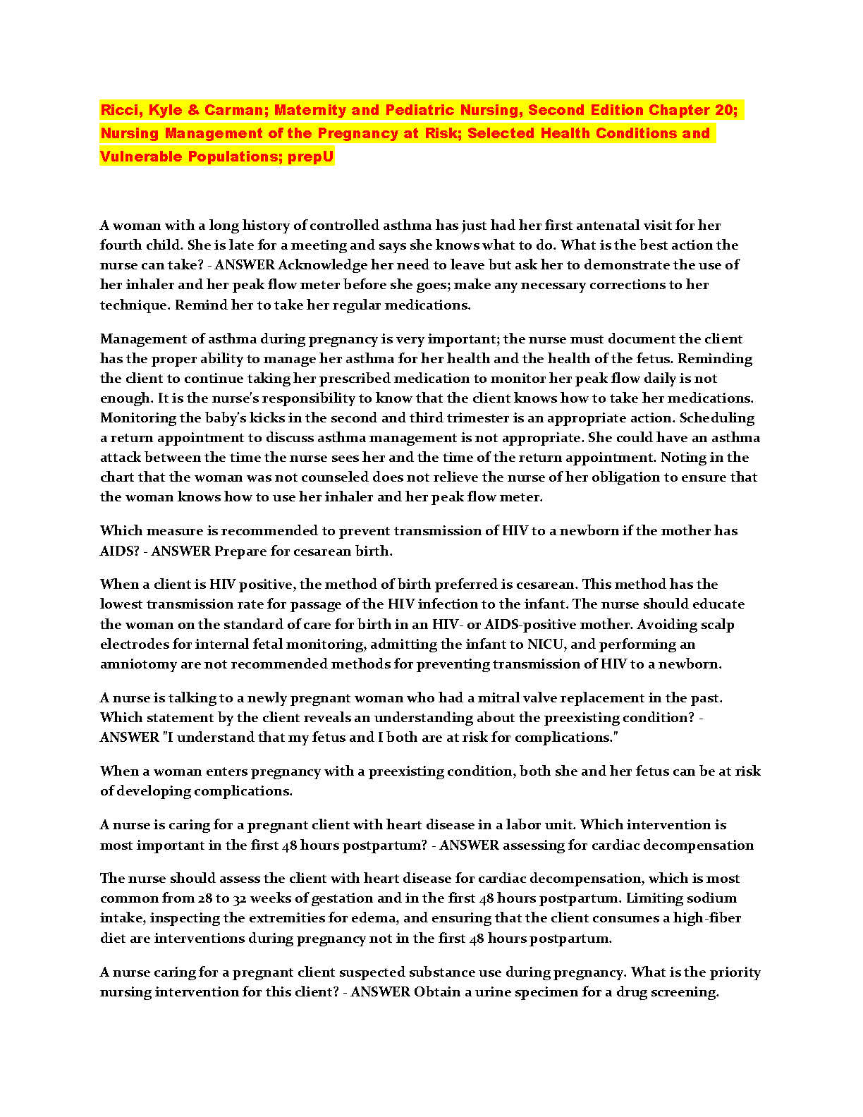 Maternity Nursing Ch 20 Test Bank: Risky Pregnancy 2026/27