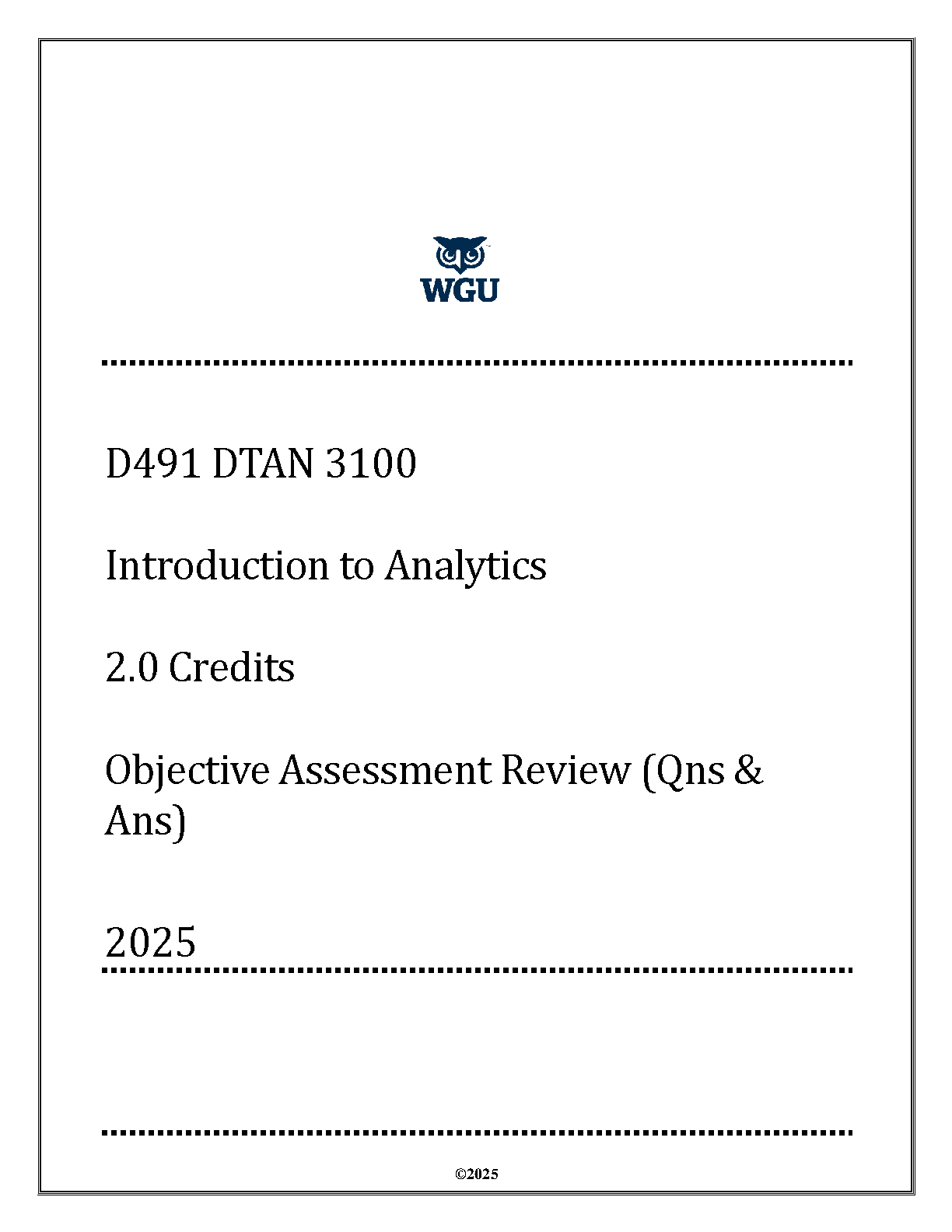 WGU DTAN 3100 Intro to Analytics 2025 Objective Assessment Review