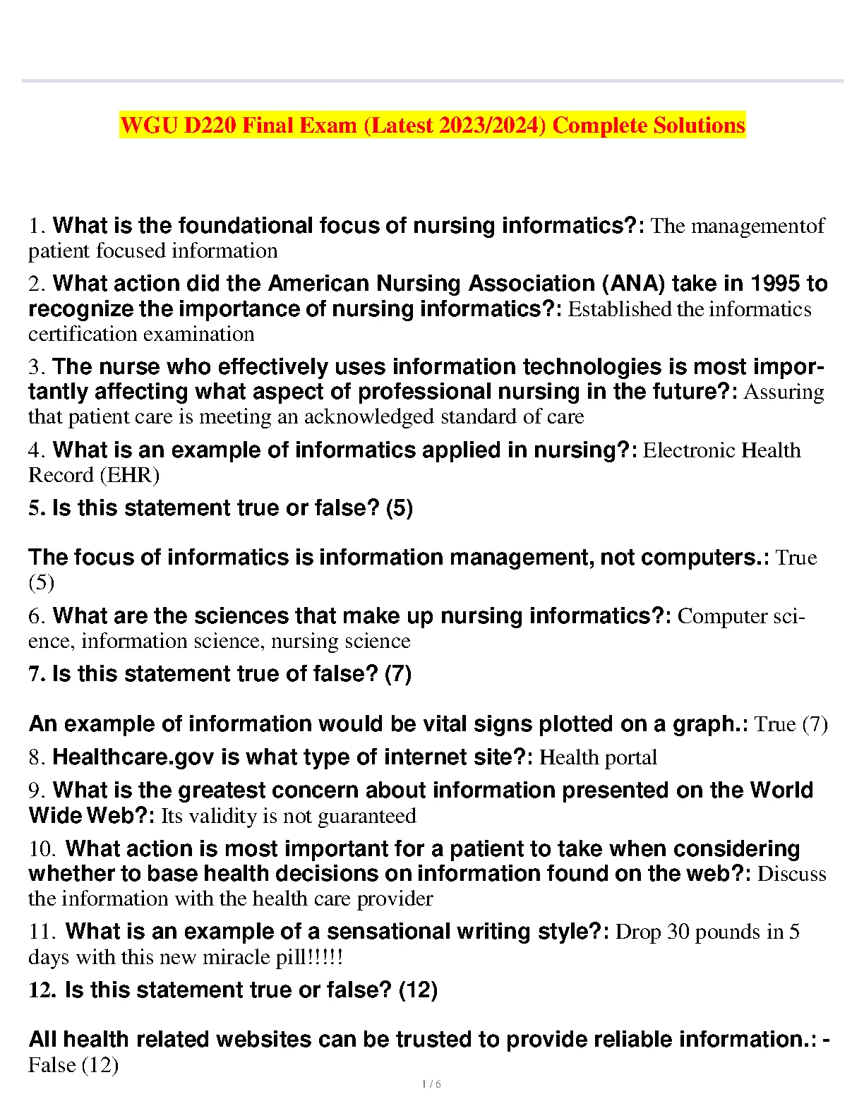 WGU D220 Nursing Informatics Final Exam Answers 2024