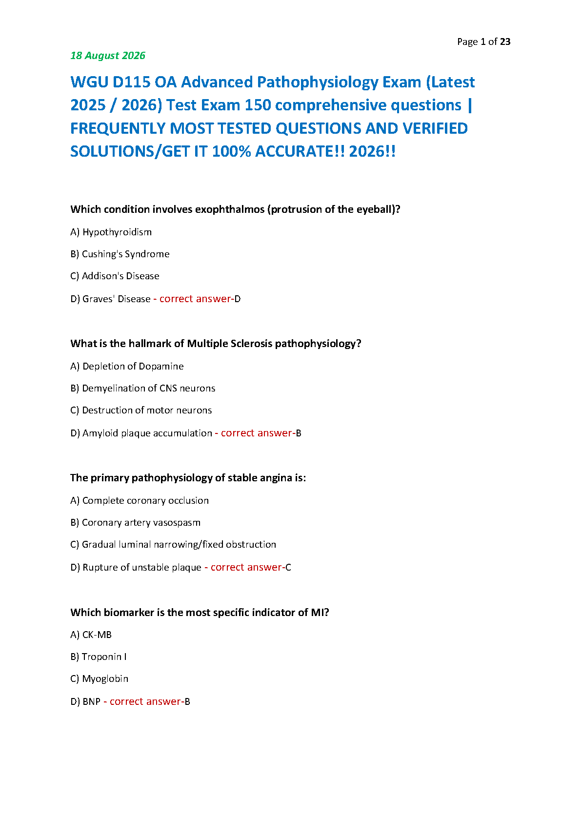 WGU D115 Advanced Pathophysiology Study Guide & Exams