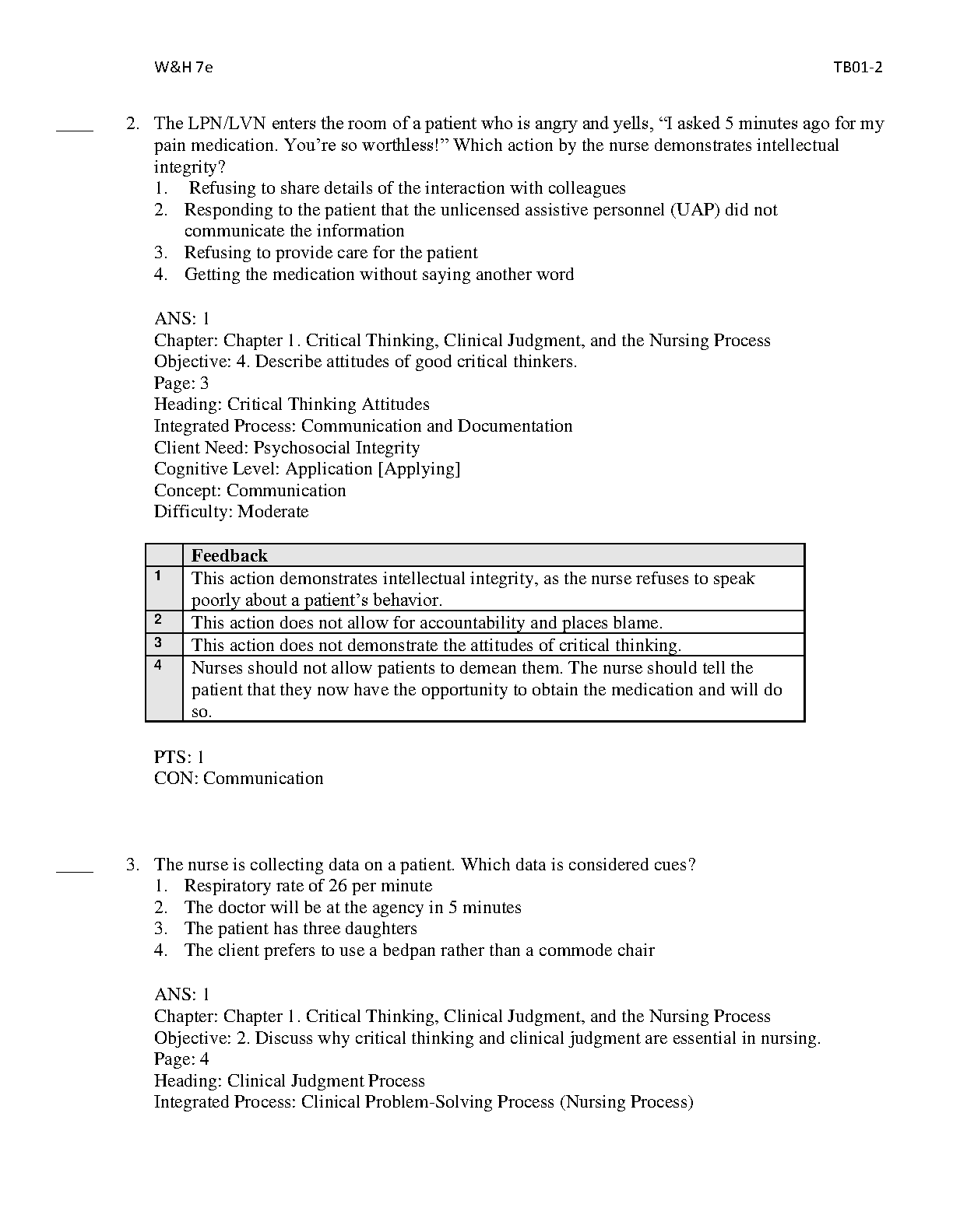 Critical Thinking & Clinical Judgment Test Bank Nursing Process