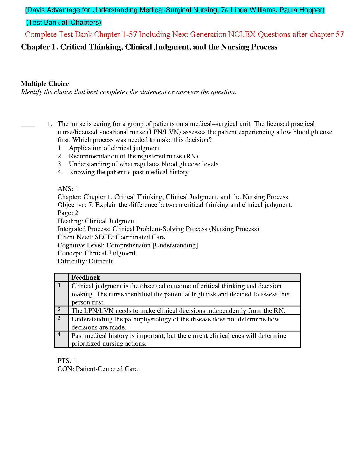 Critical Thinking & Clinical Judgment Test Bank Nursing Process