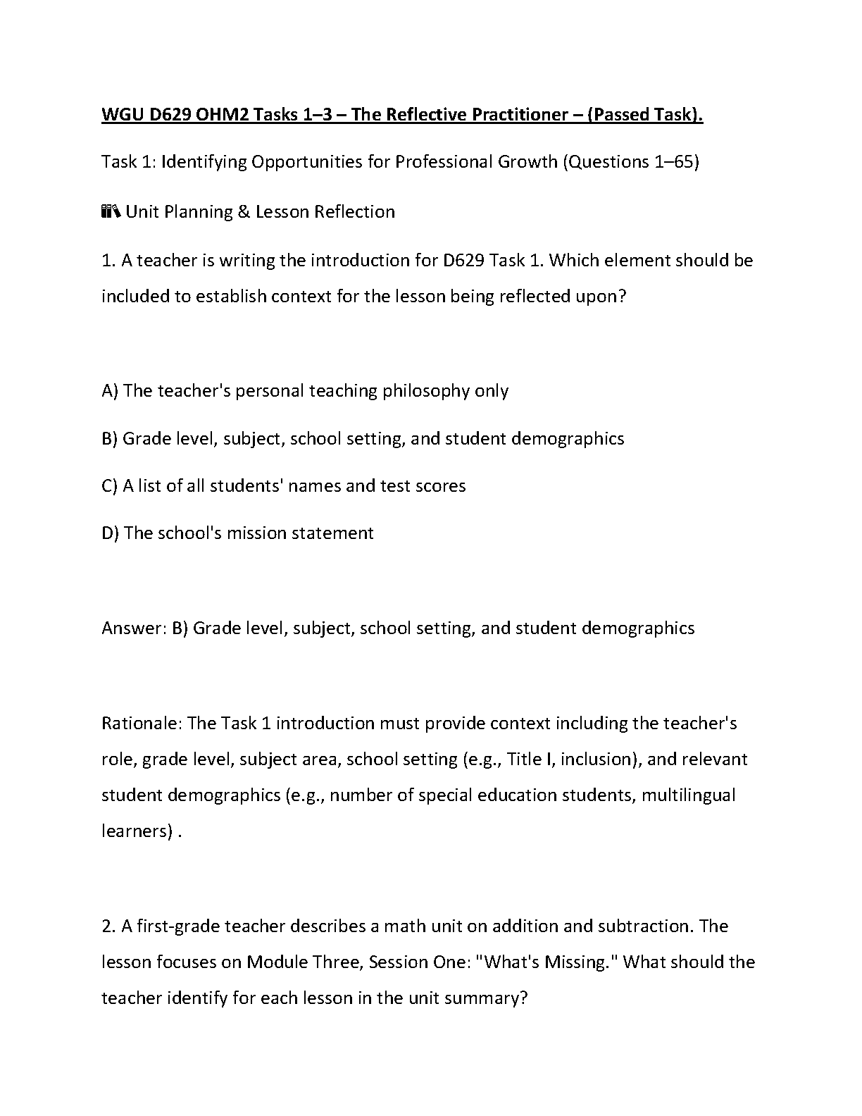 WGU D629 OHM2 Reflective Practitioner Test Bank Tasks 1-3