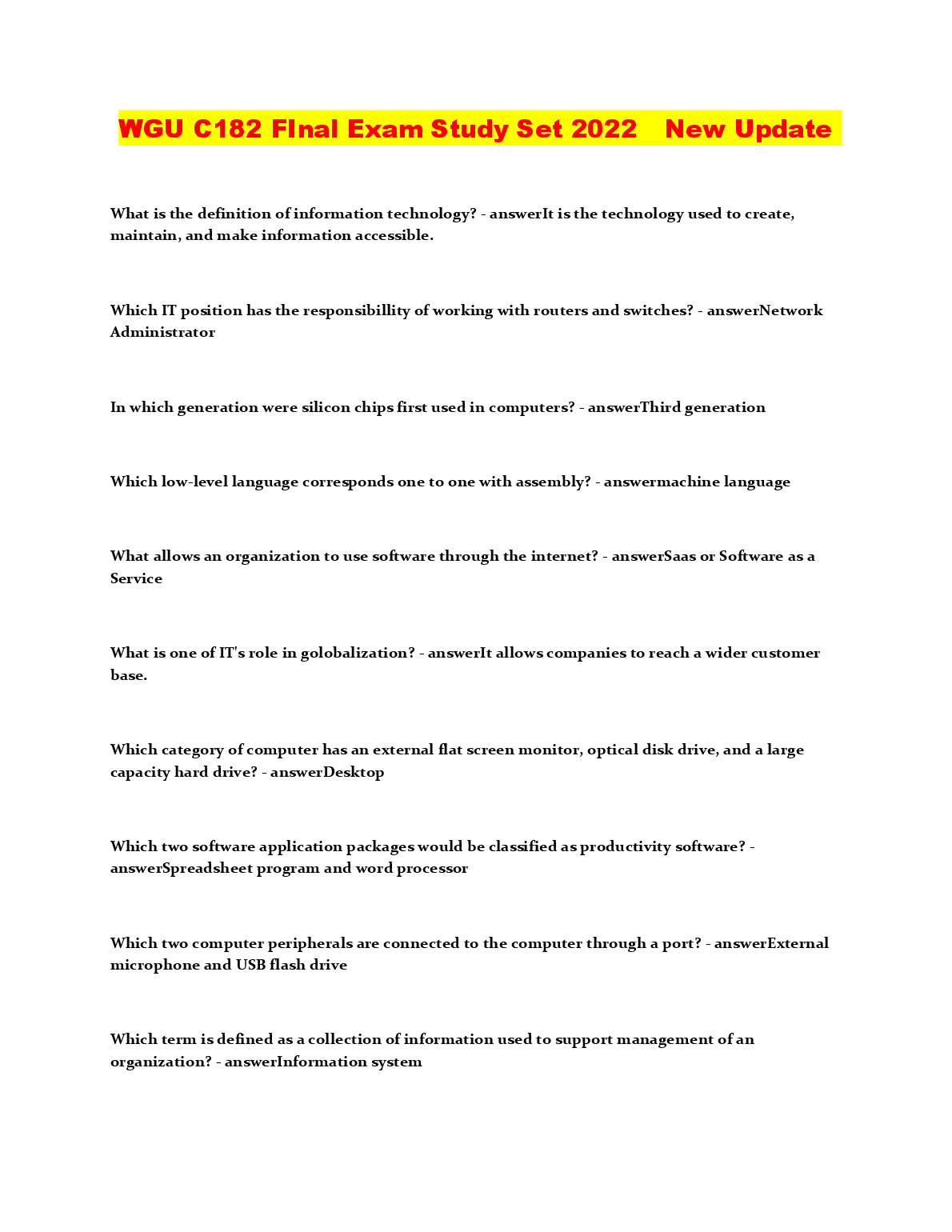 WGU C182 Final Exam Study Set with Answer Key