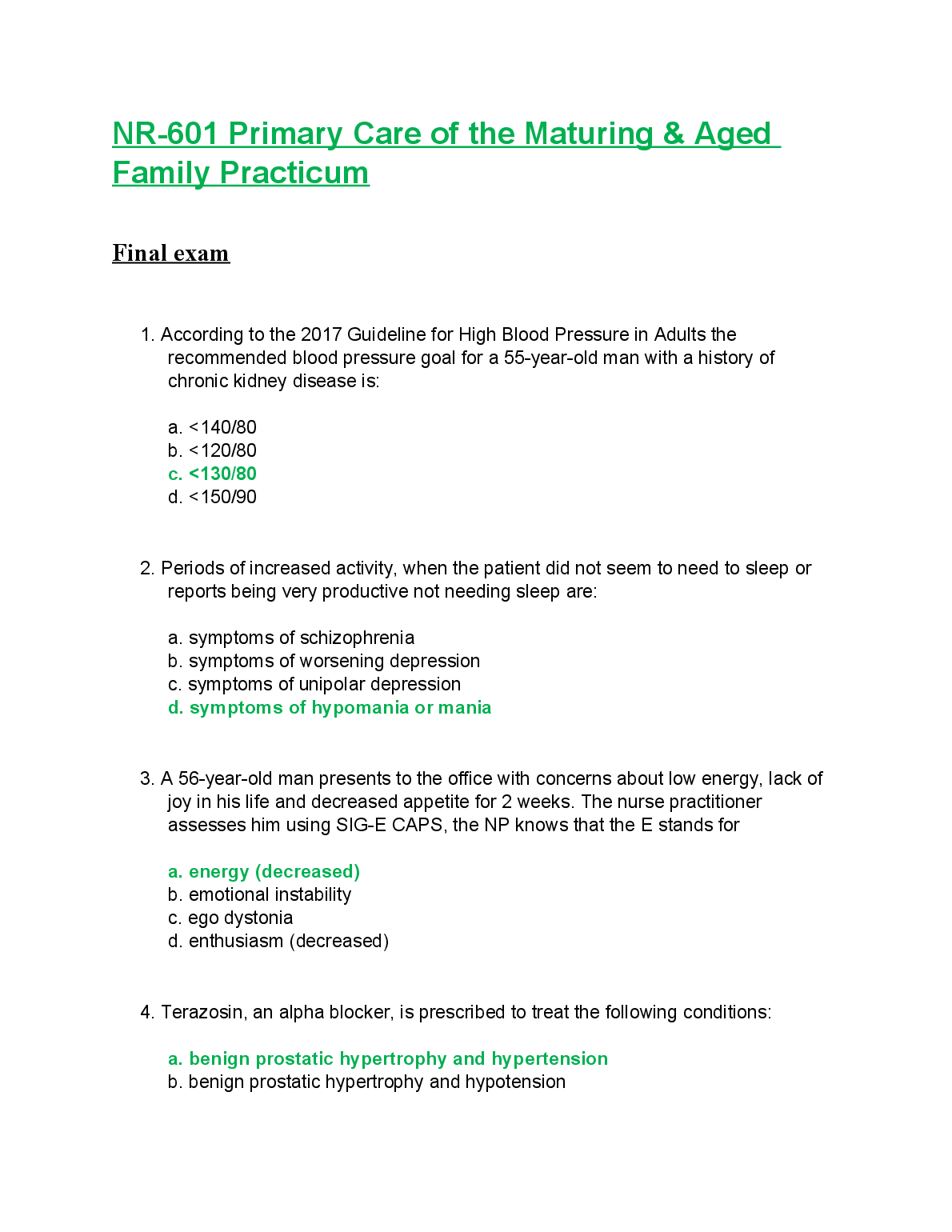 NR 601 Final Exam Questions and Answers Nursing Study Guide