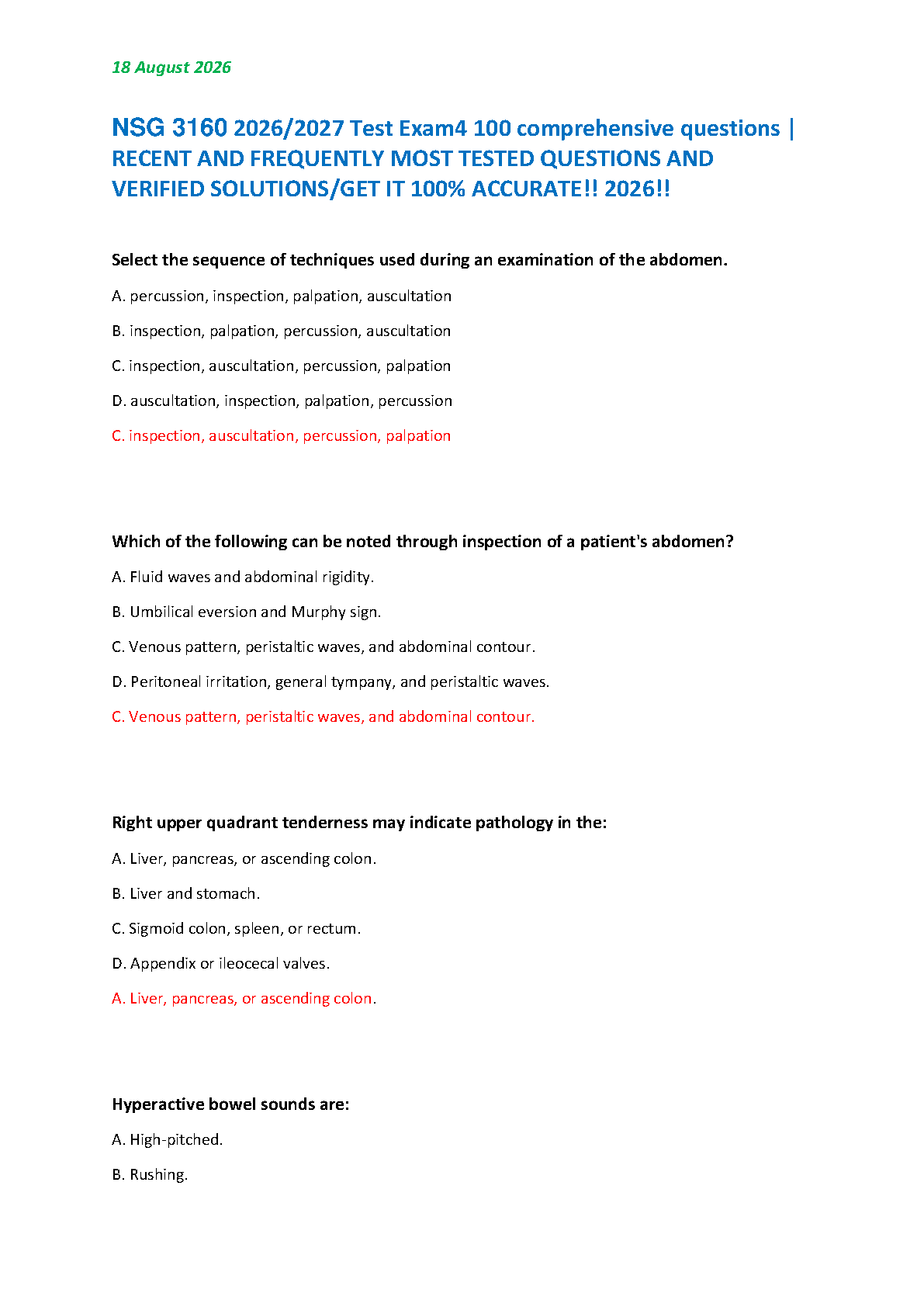 NSG 3160 Exam 4 Abdominal Assessment Test Bank 2026/2027