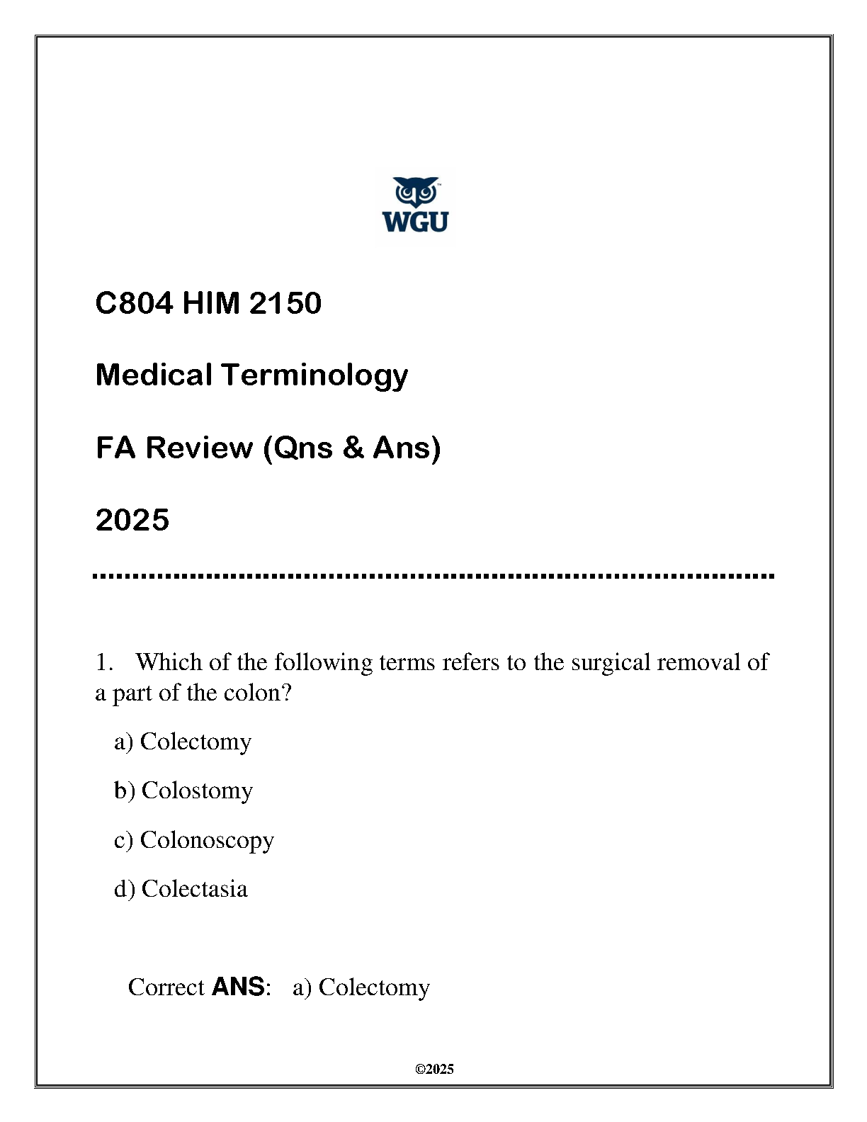 WGU C804 Medical Terminology Exam Prep 2025 Q&A