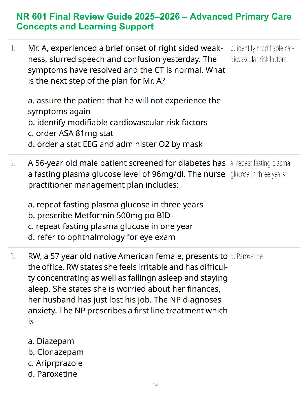 NR 601 Advanced Primary Care Review Guide 2025