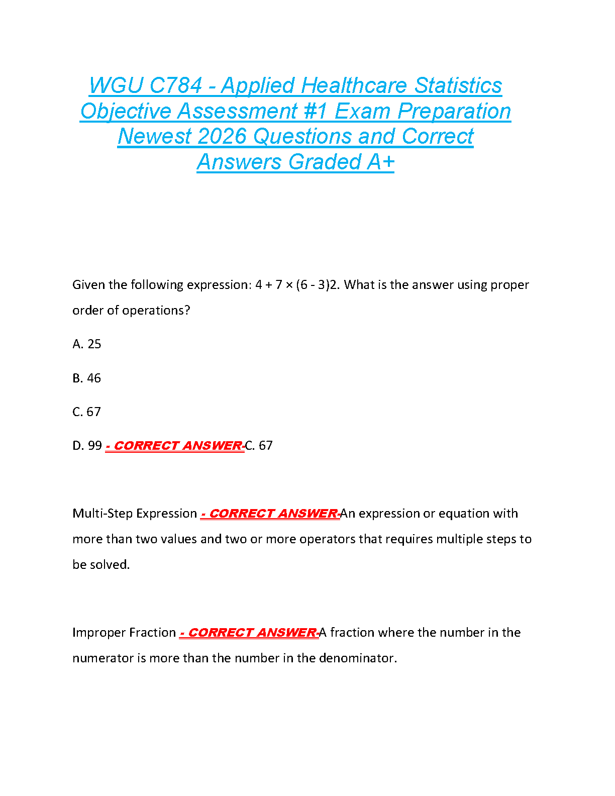 WGU C784 Healthcare Stats OA1 Test Bank 2025 Verified Answers
