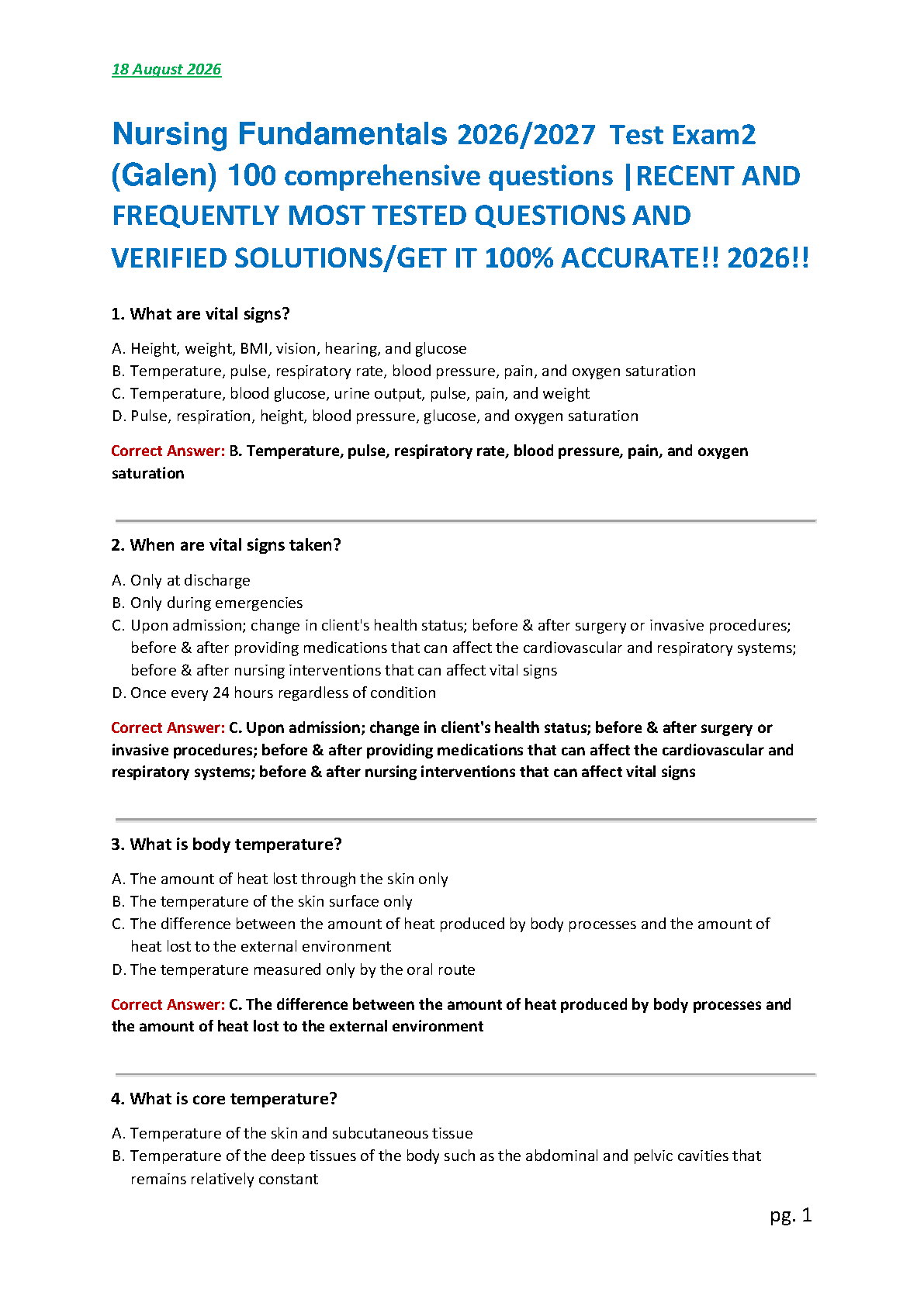 Nursing Fundamentals Exam 2 Test Bank Vital Signs 2026