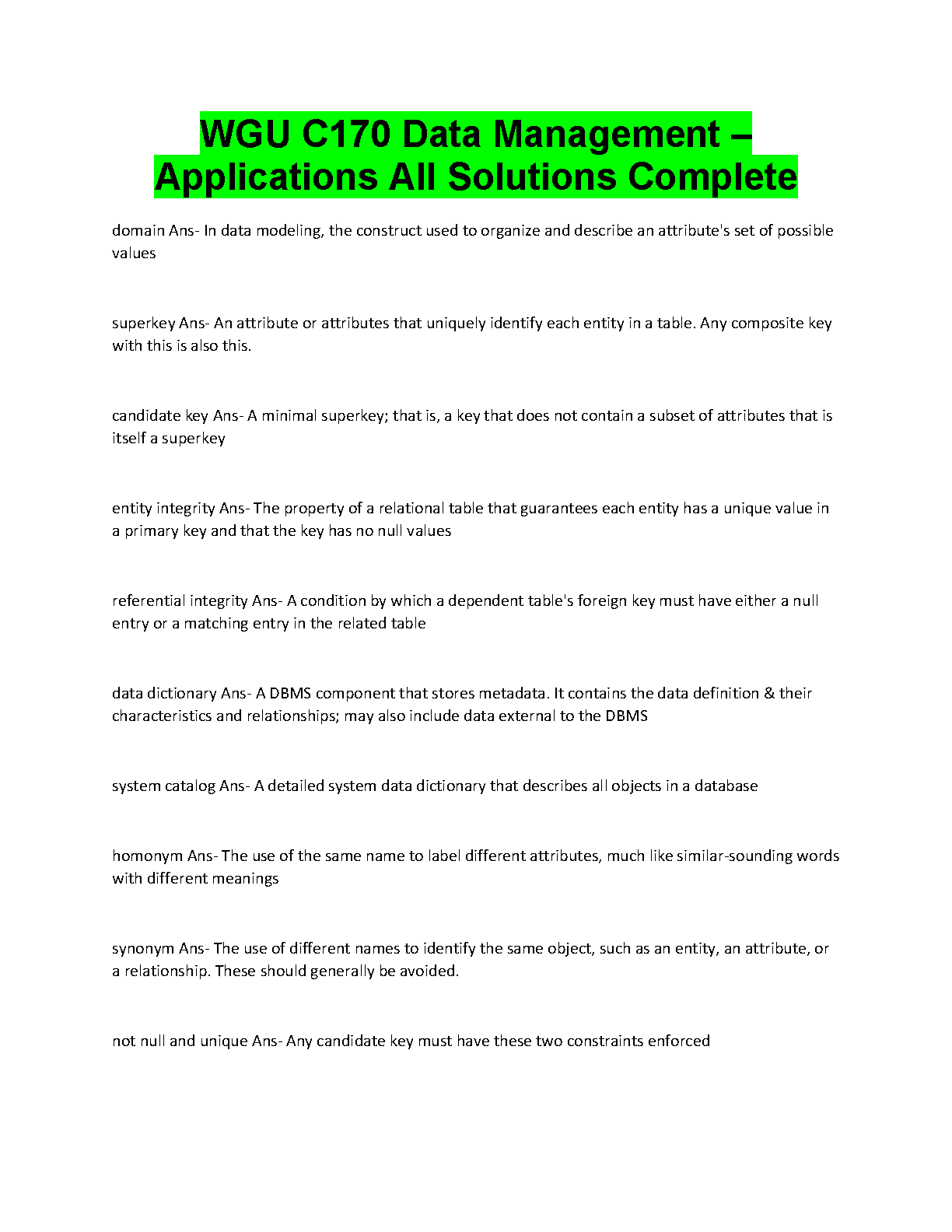 WGU C170 Data Management Test Bank and Verified Answers
