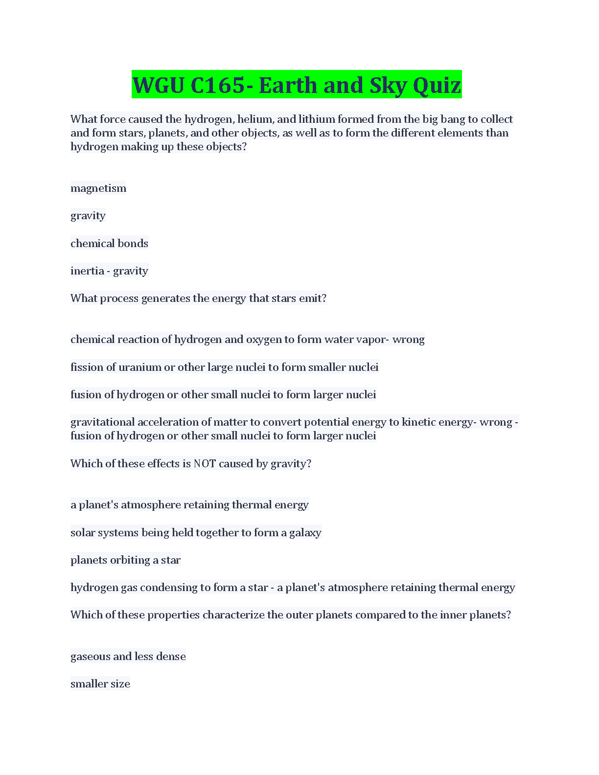 WGU C165 Earth and Sky Study Guide 2024-2025