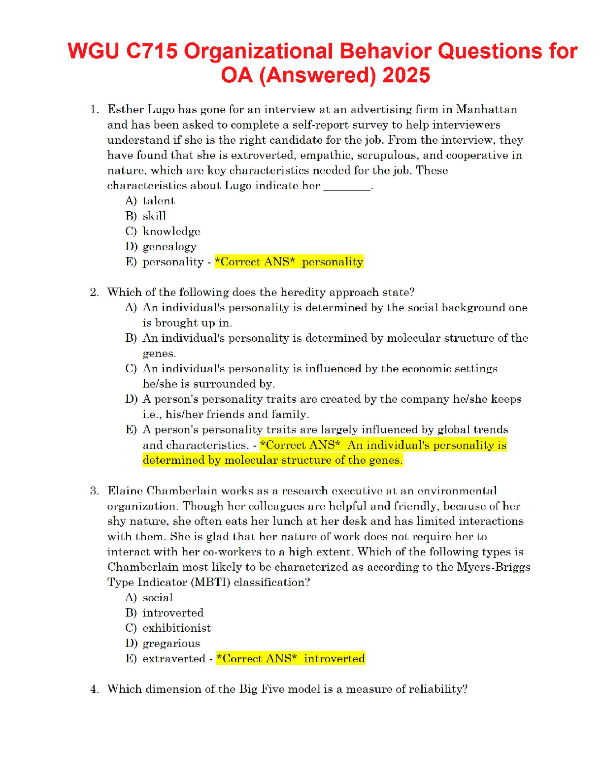 WGU C715 Org Behavior Exam Q&A 2025 Study Guide