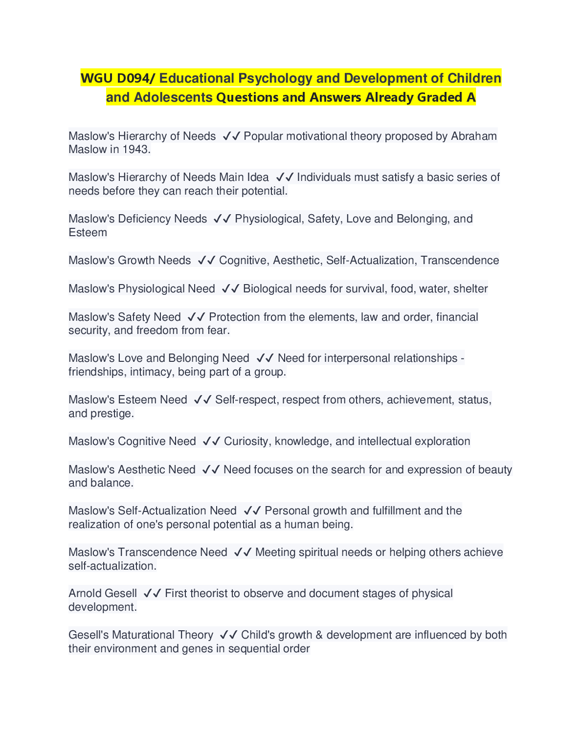 WGU D094 Ed Psych Q&A: Child & Adolescent Dev Study Guide