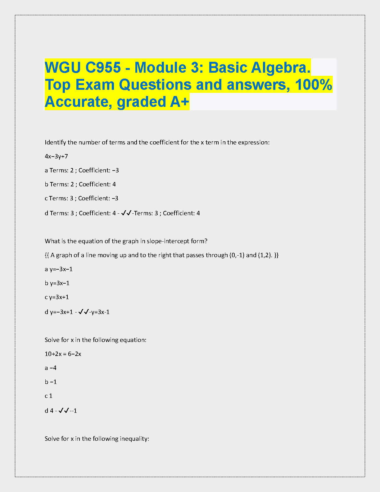WGU C955 Basic Algebra Exam Prep Questions and Answers 2024-2025