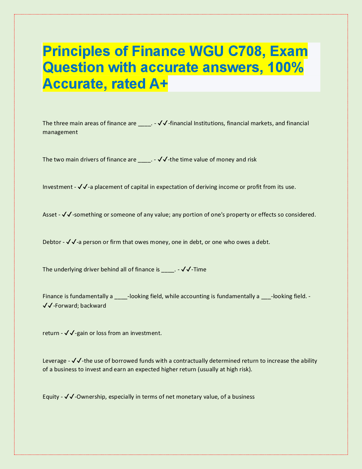 WGU C708 Principles of Finance Exam Qs & Answers