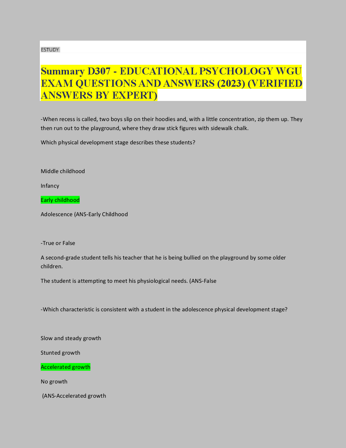 WGU D307 Educational Psychology Exam Qs & As