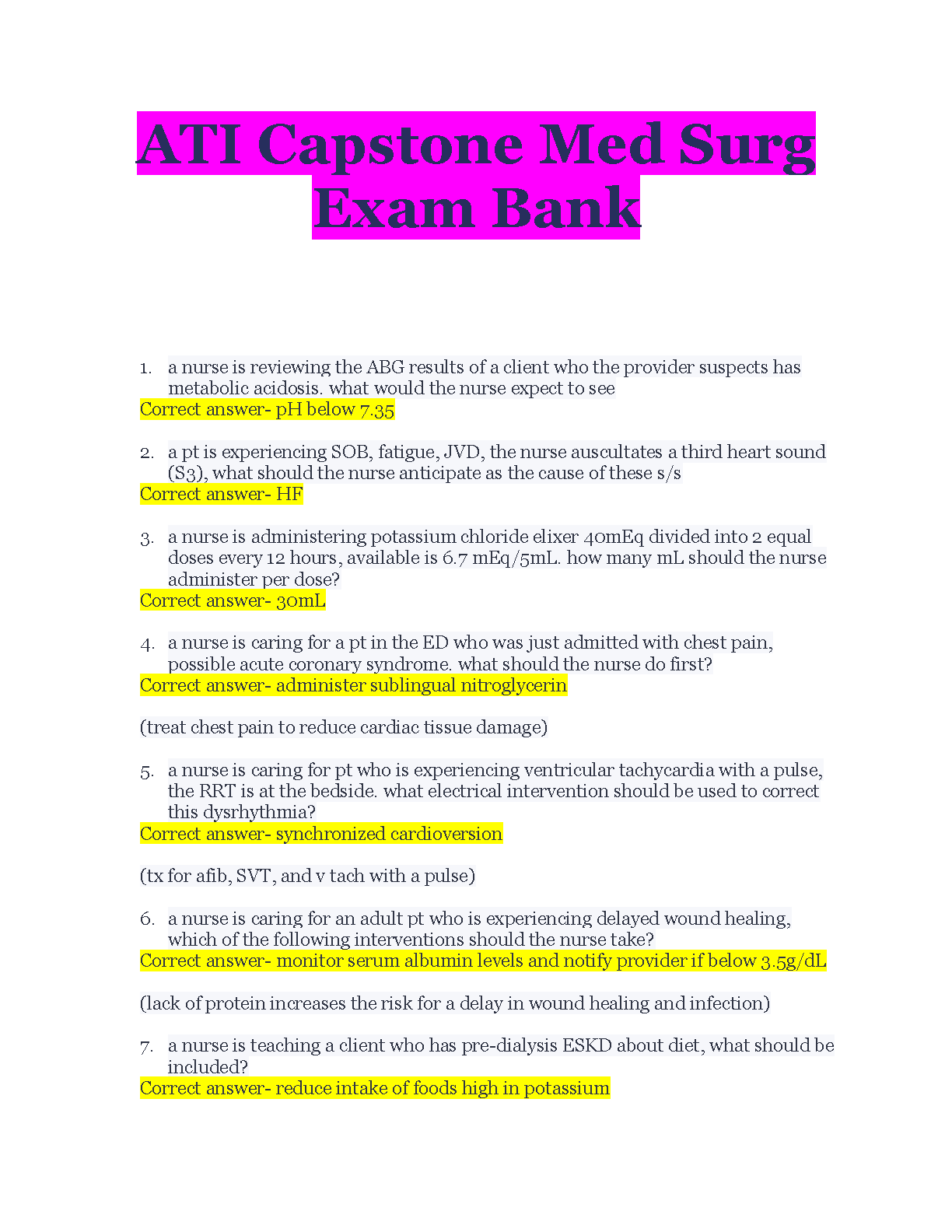 ATI Capstone Med-Surg Exam Bank Questions and Answers 2026