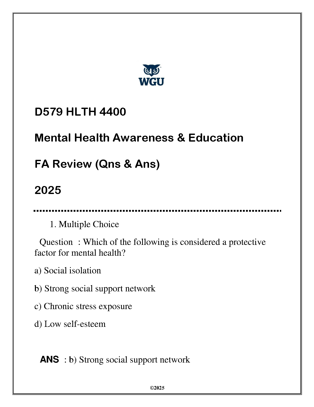HLTH 4400 Mental Health Awareness Exam Q&A 2025 WGU