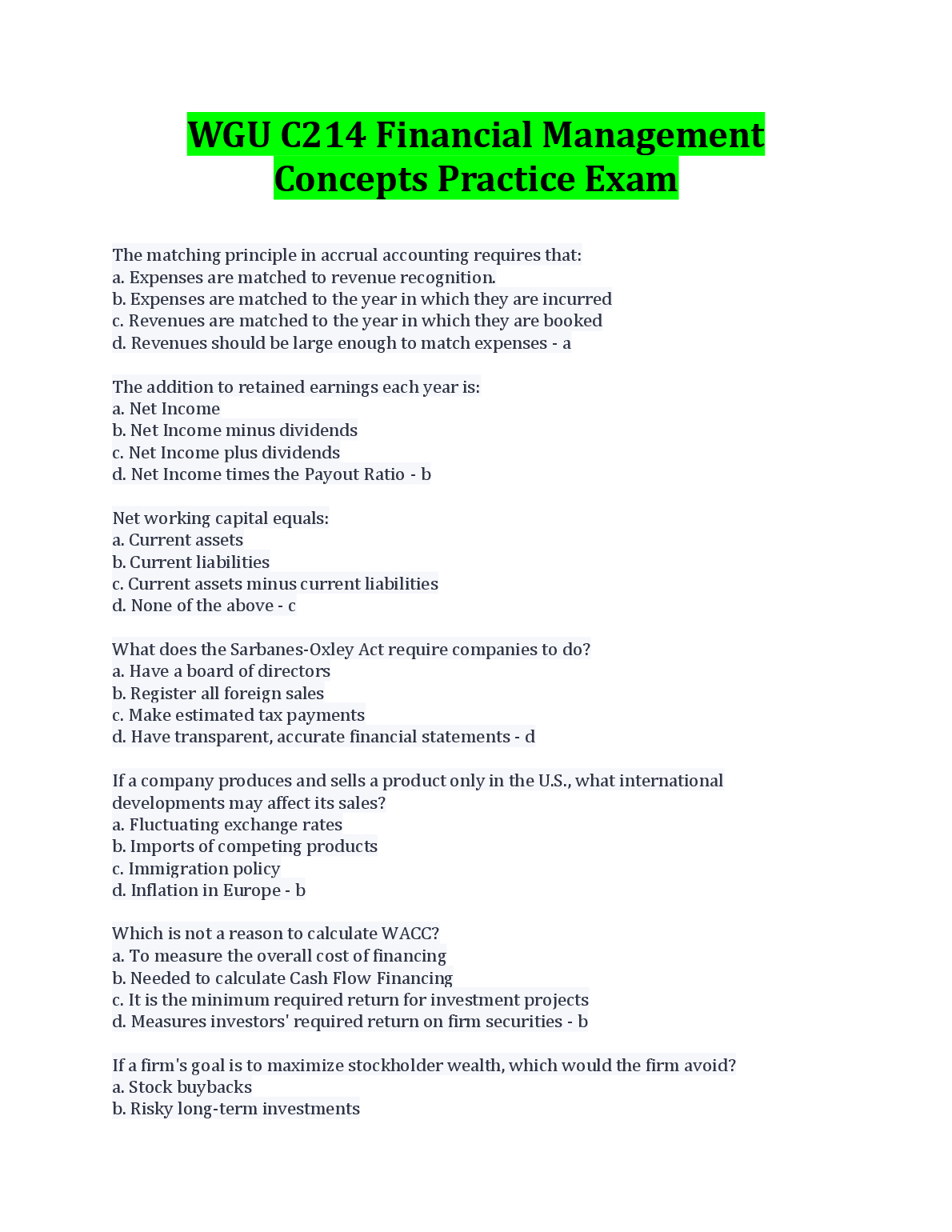 WGU C214 Financial Mgmt Concepts Practice Exam