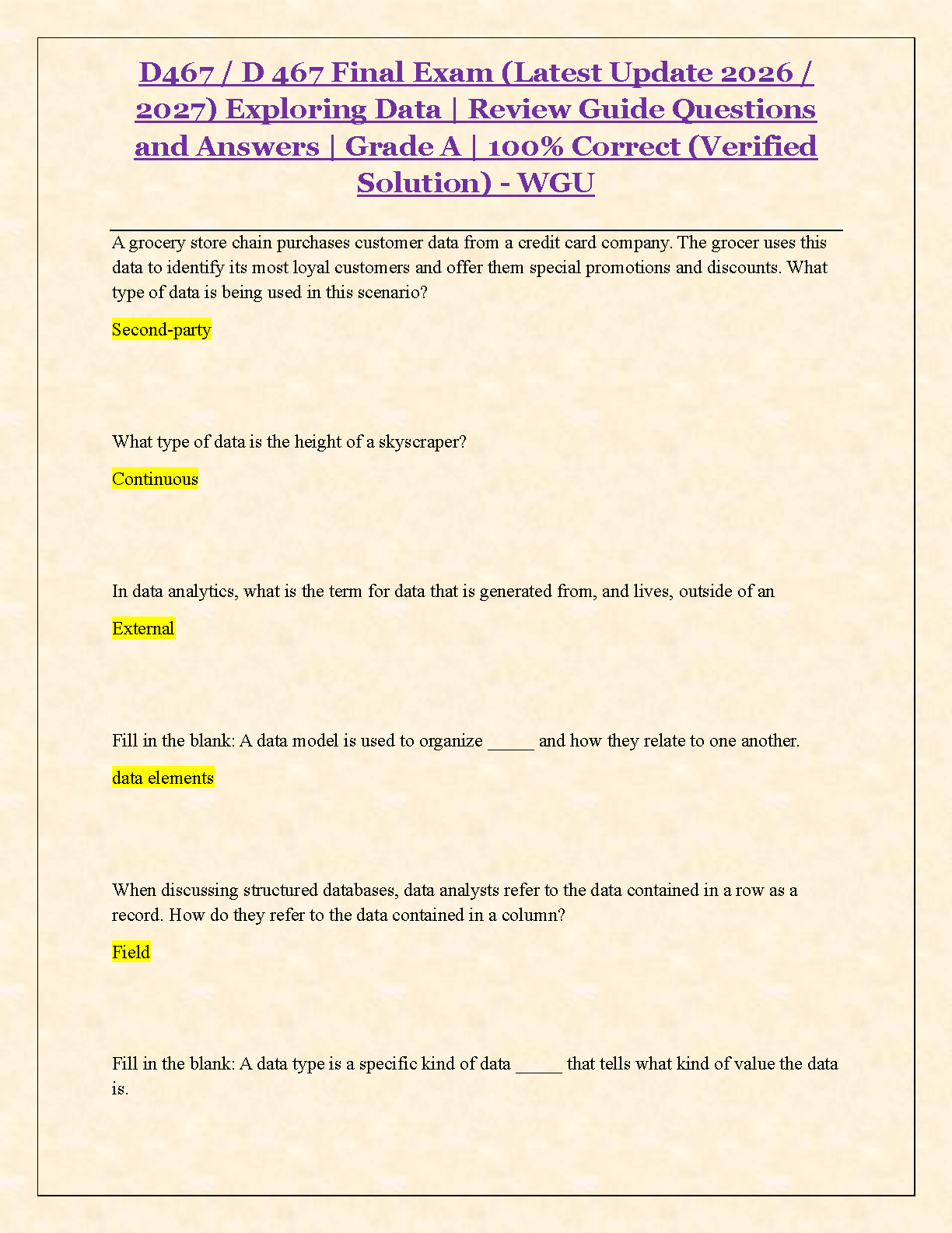 WGU D467 Exploring Data Test Bank 2025/2026
