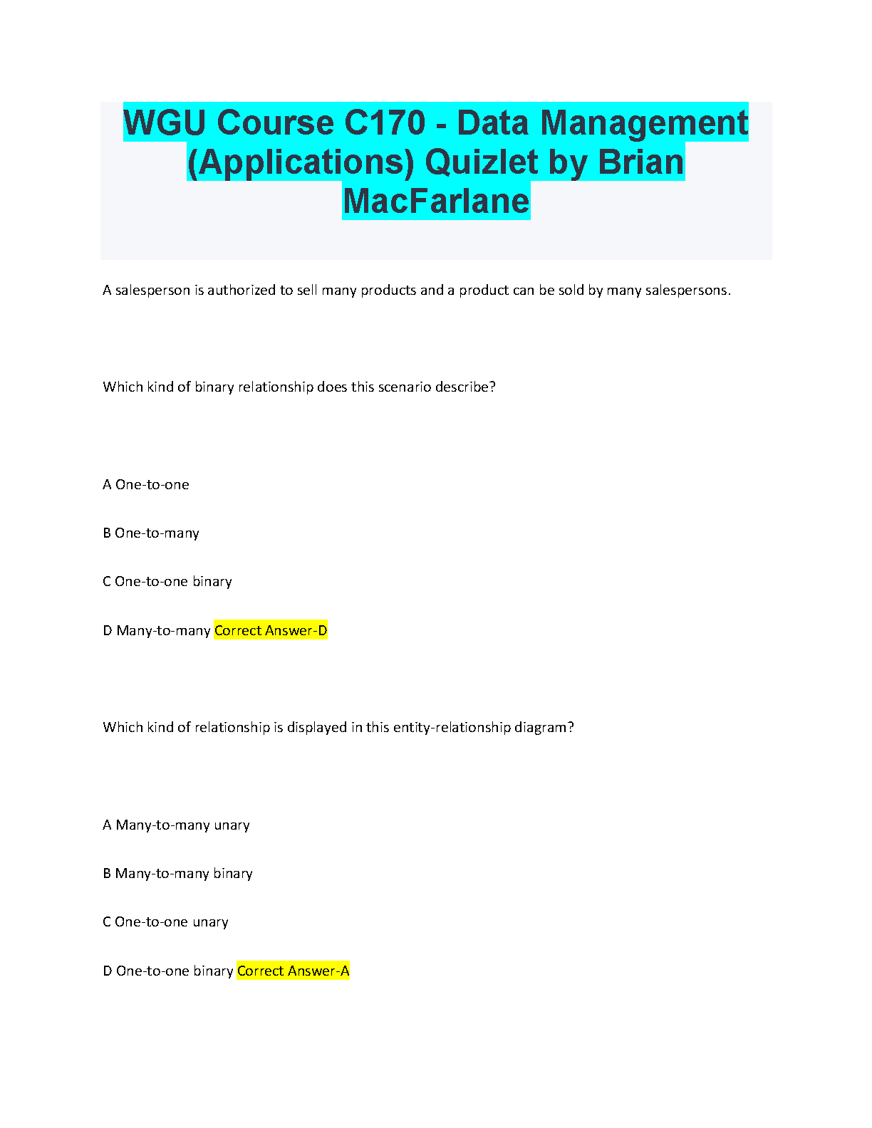 WGU C170 Data Management Quizlet 2024 Revision Notes IMG-1