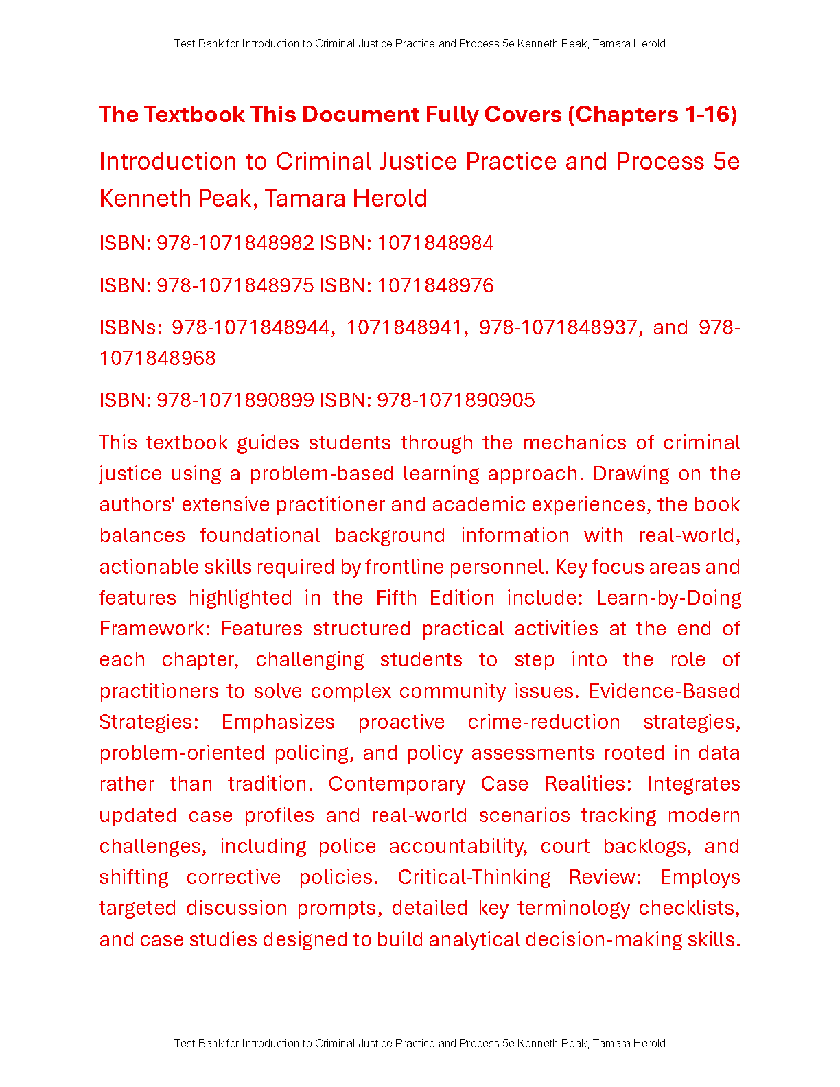 Criminal Justice Test Bank Peak Herold 5th Ed