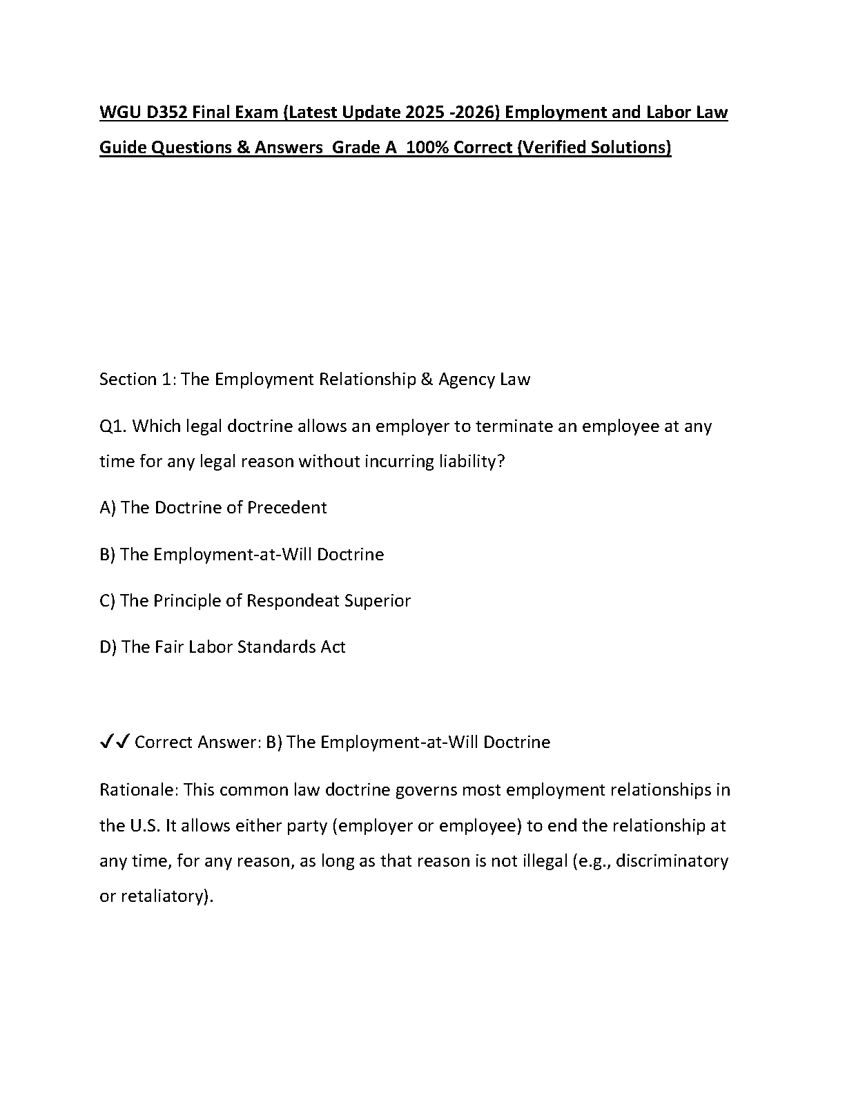 WGU D352 Employment Labor Law Final Exam Study Guide 2026 IMG-1