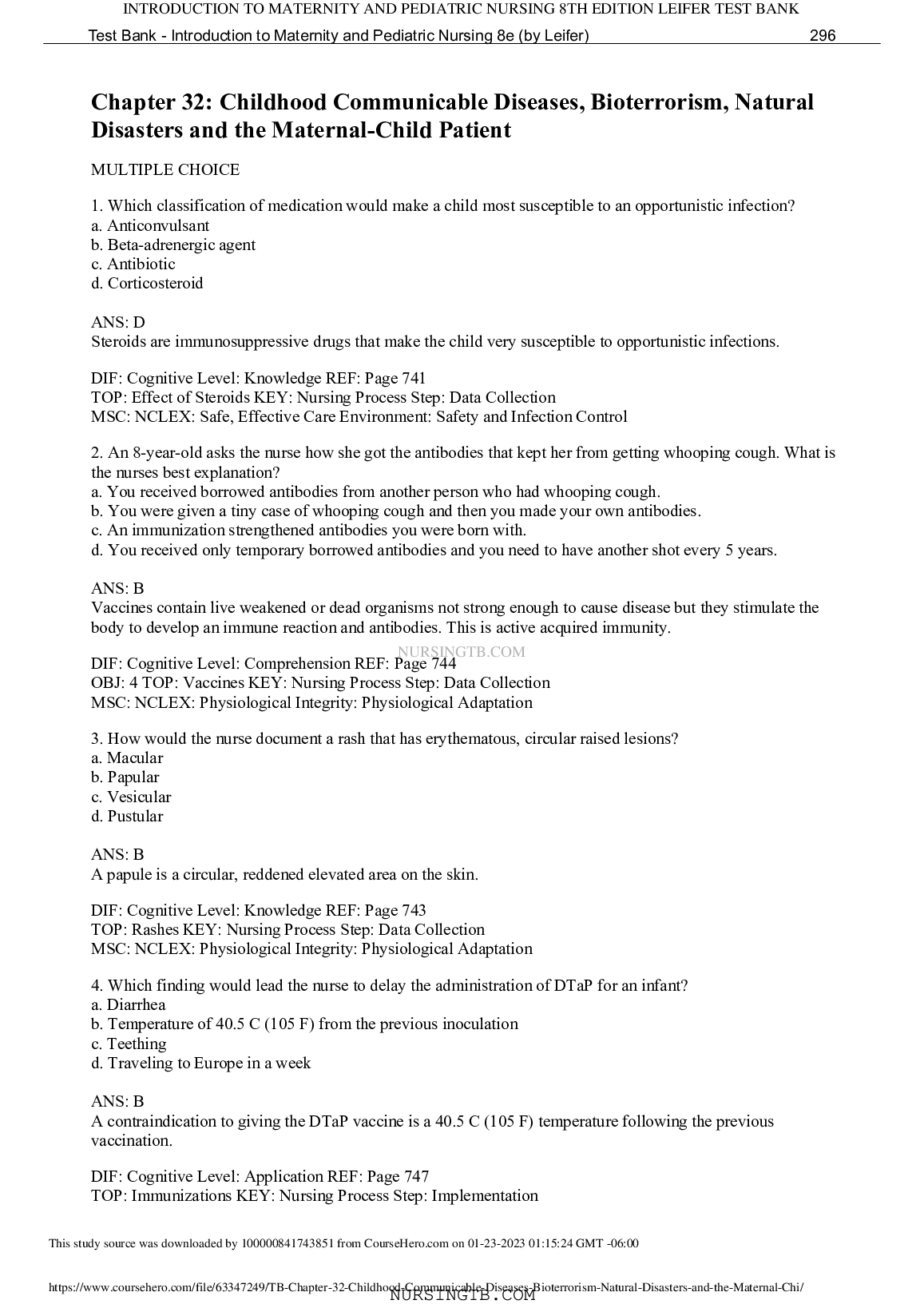 Maternity & Pediatric Nursing Test Bank Ch 32 2026/27