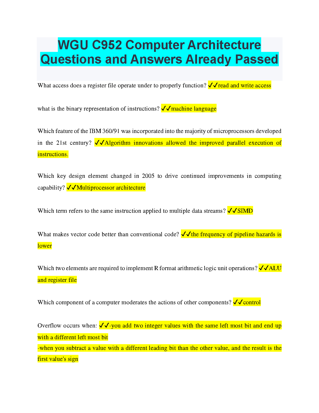 WGU C952 Computer Architecture Q&A Exam Prep 2024/2025