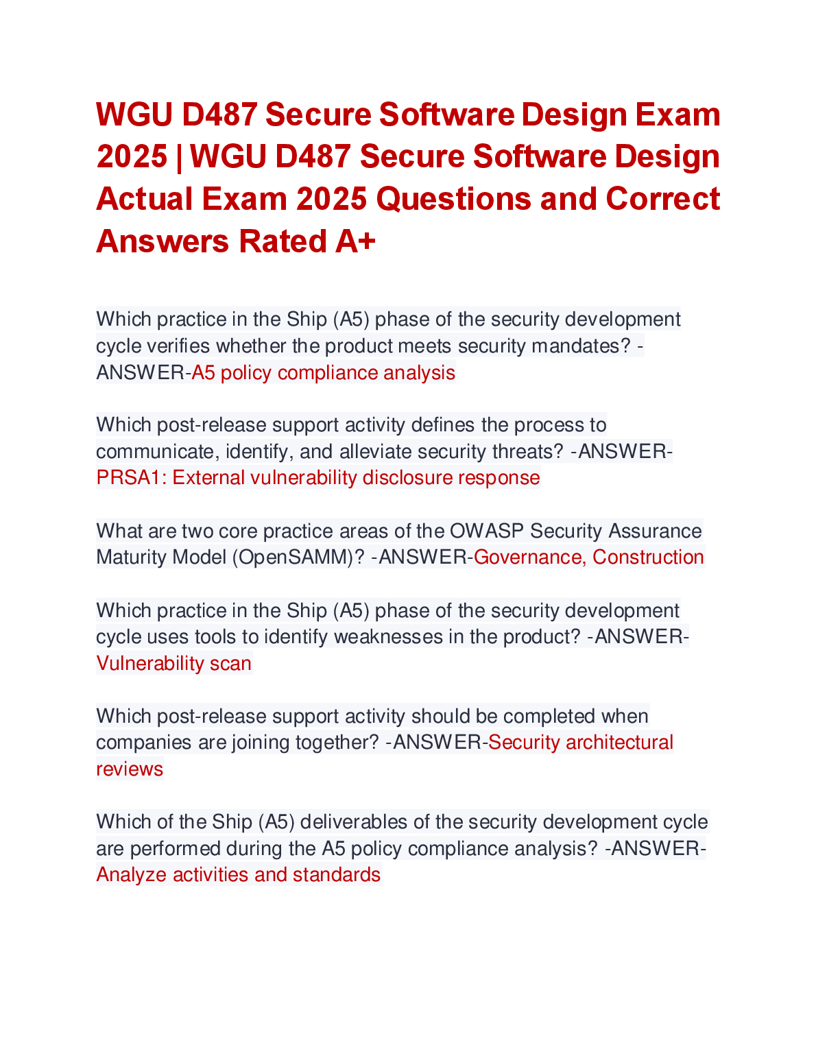 WGU D487 Secure Software Design Exam Questions 2025 A+