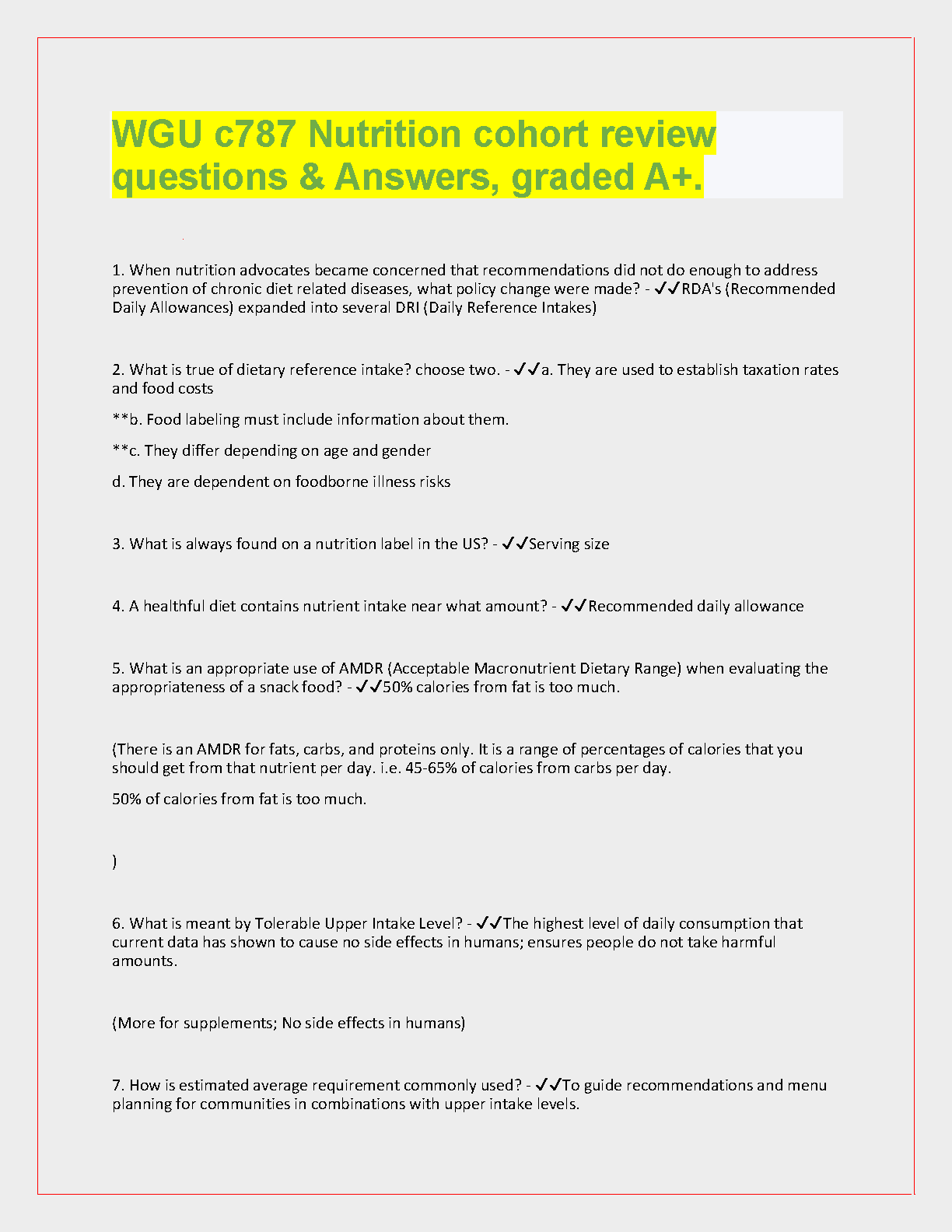 WGU C787 Nutrition Q&A 2024-2025 Study Resource