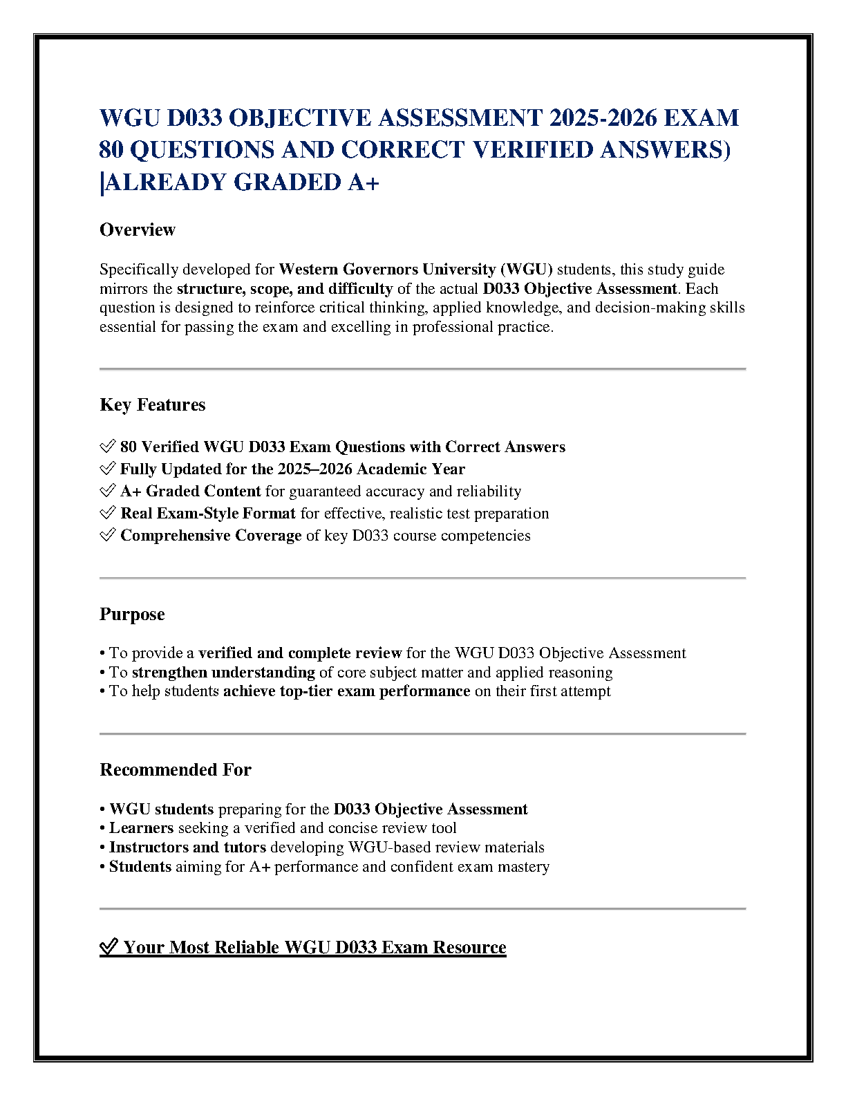 WGU D033 Exam Prep Test Bank 2025-2026 with 80 Verified Answers