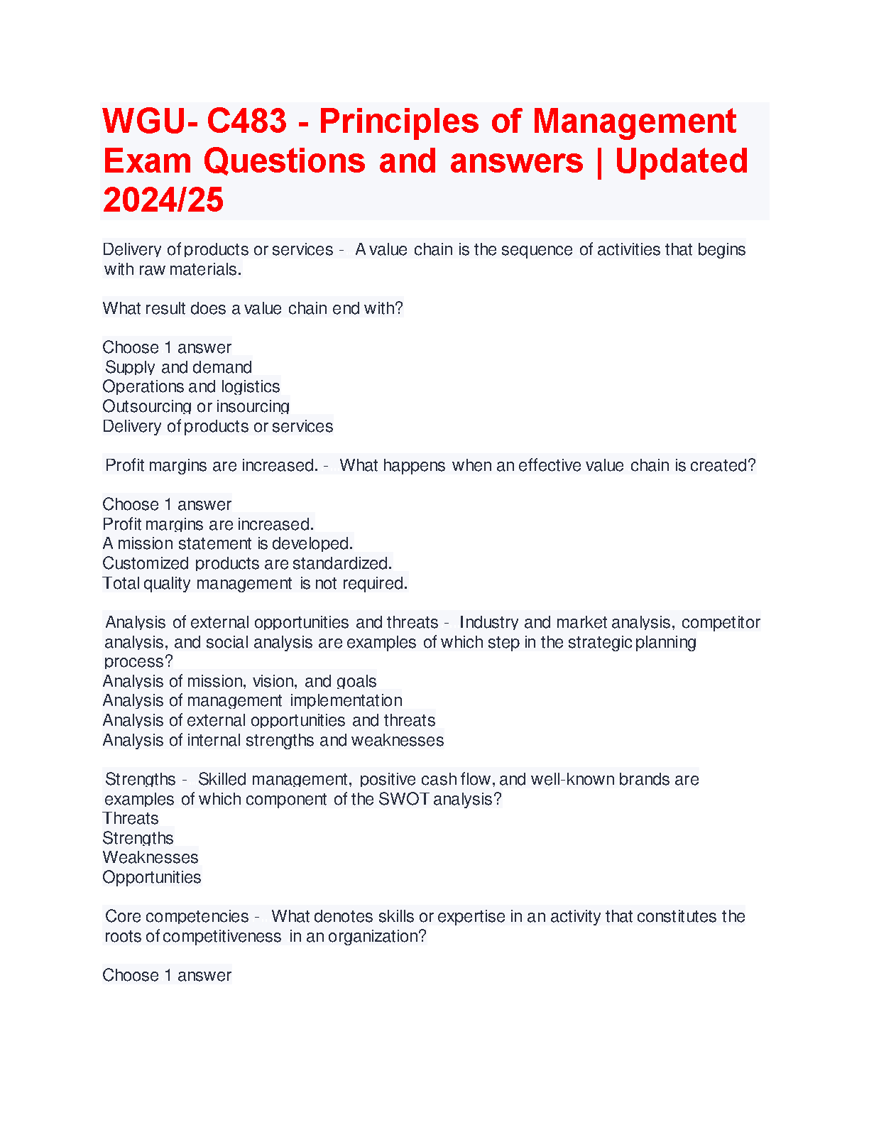 WGU C483 Principles of Management Q&A 2024/25