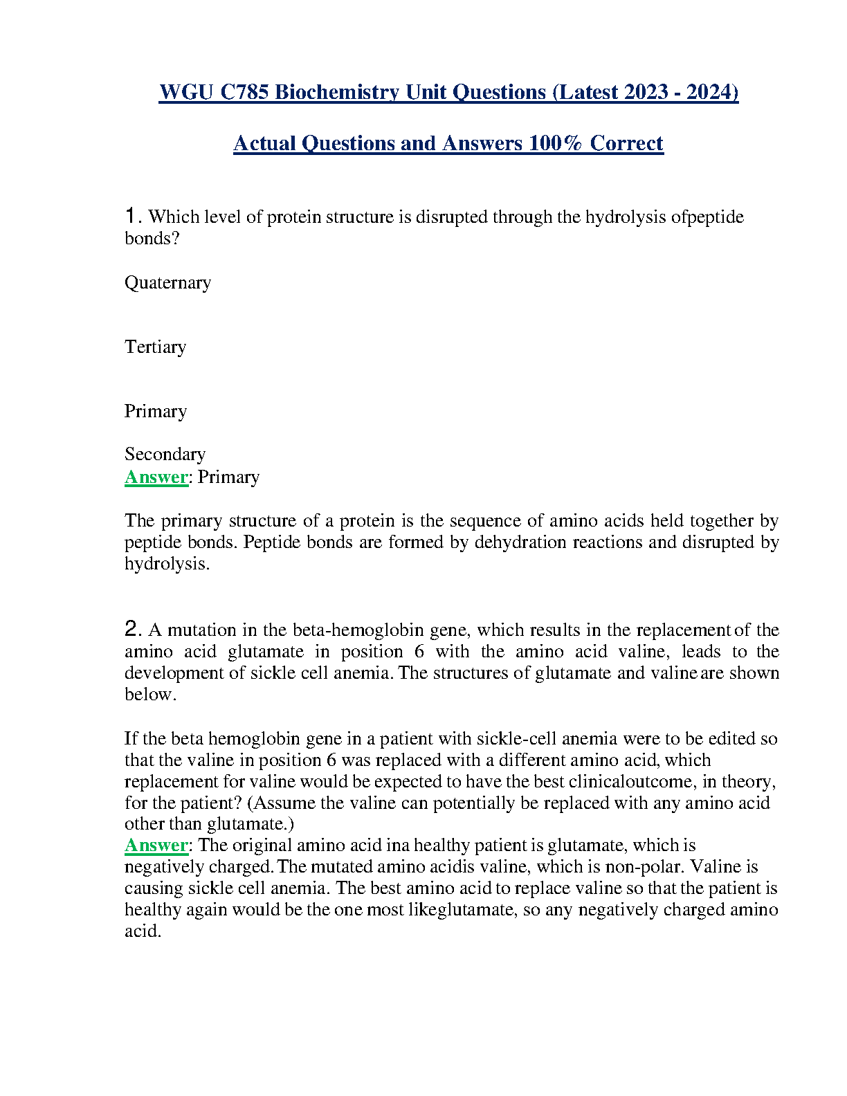 WGU C785 Biochemistry Q&A 2024 Exam Prep Guide IMG-1