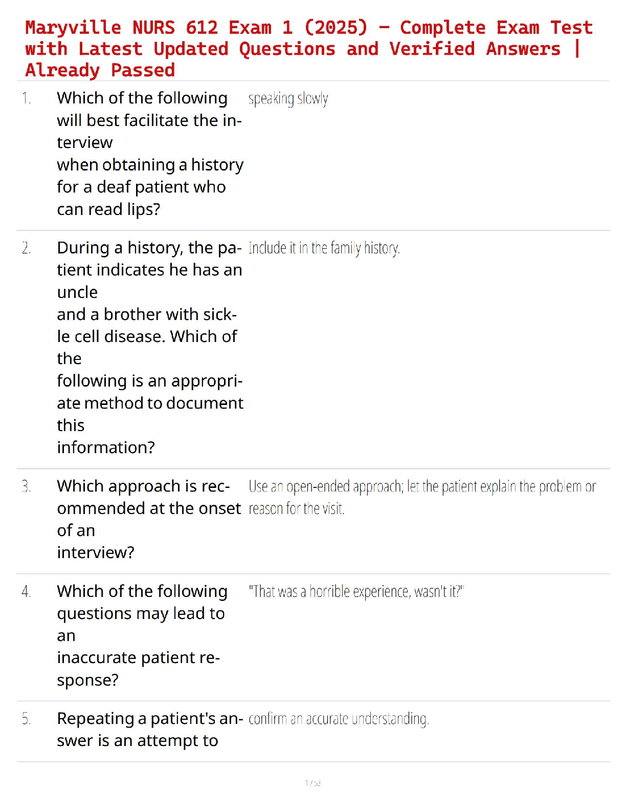 NURS 612 Exam 1 Test Bank 2026 Maryville Nursing Study Guide