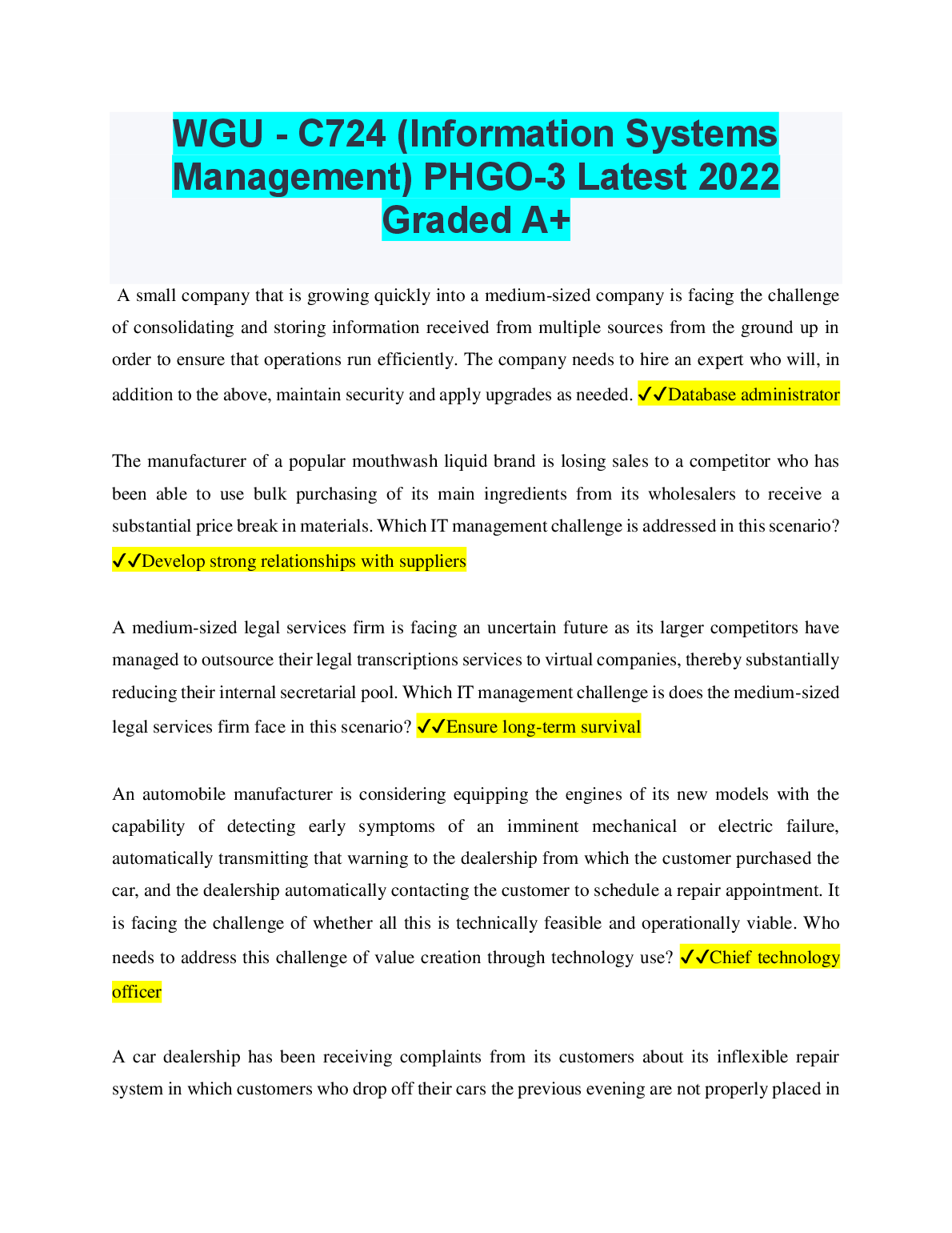 WGU C724 Info Systems Mgmt Study Guide 2023