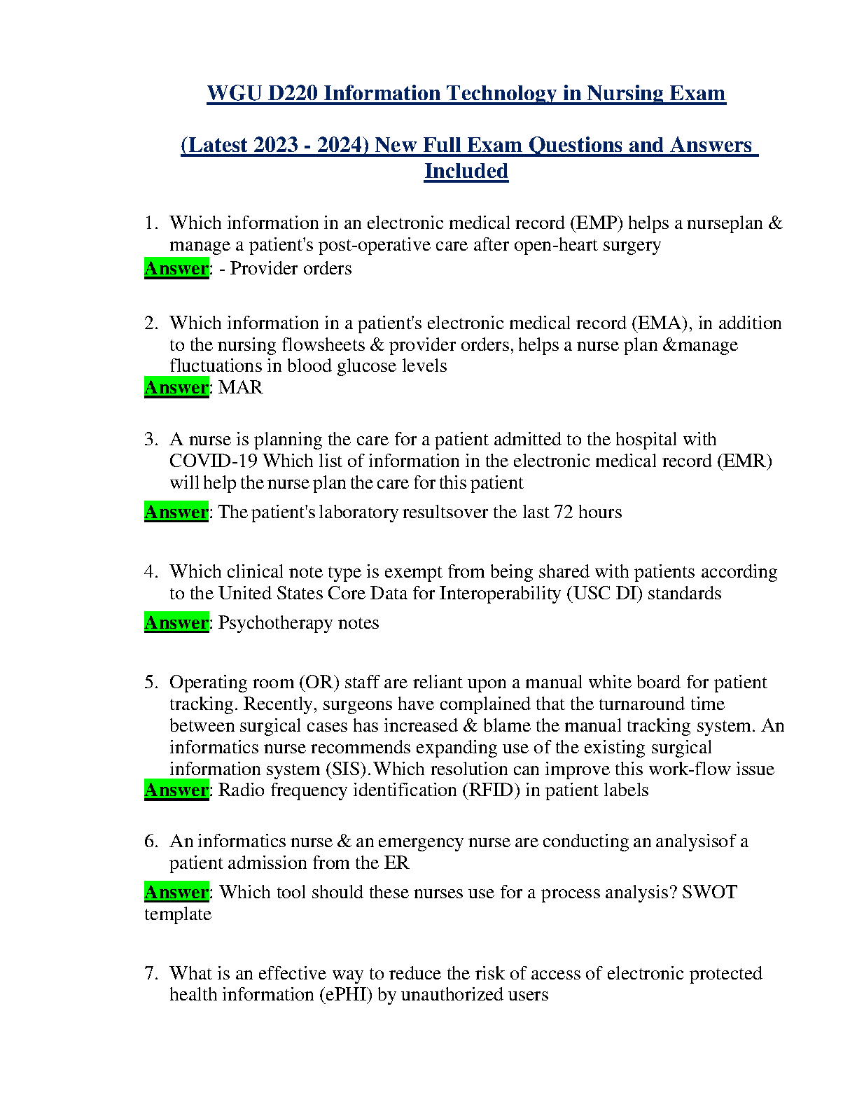 WGU D220 Info Tech in Nursing Exam Qs A 2023-24 Study Guide