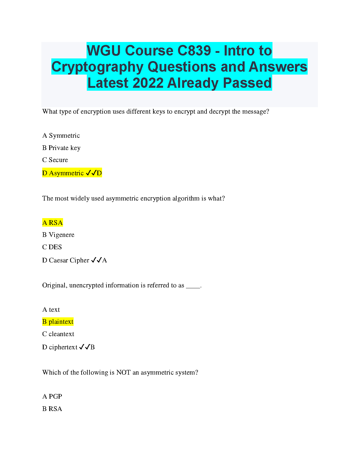 WGU C839 Cryptography Q&A 2024/2025 Study Guide