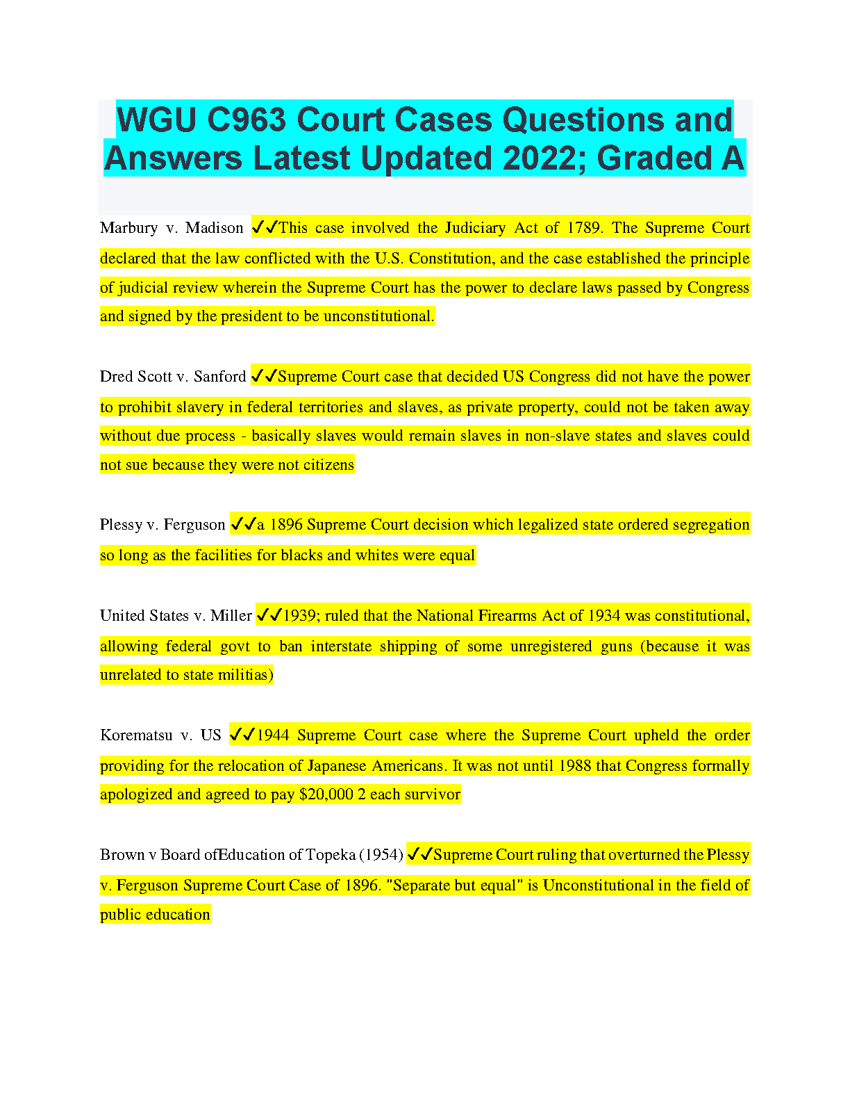 WGU C963 Court Cases Q&A Study Guide