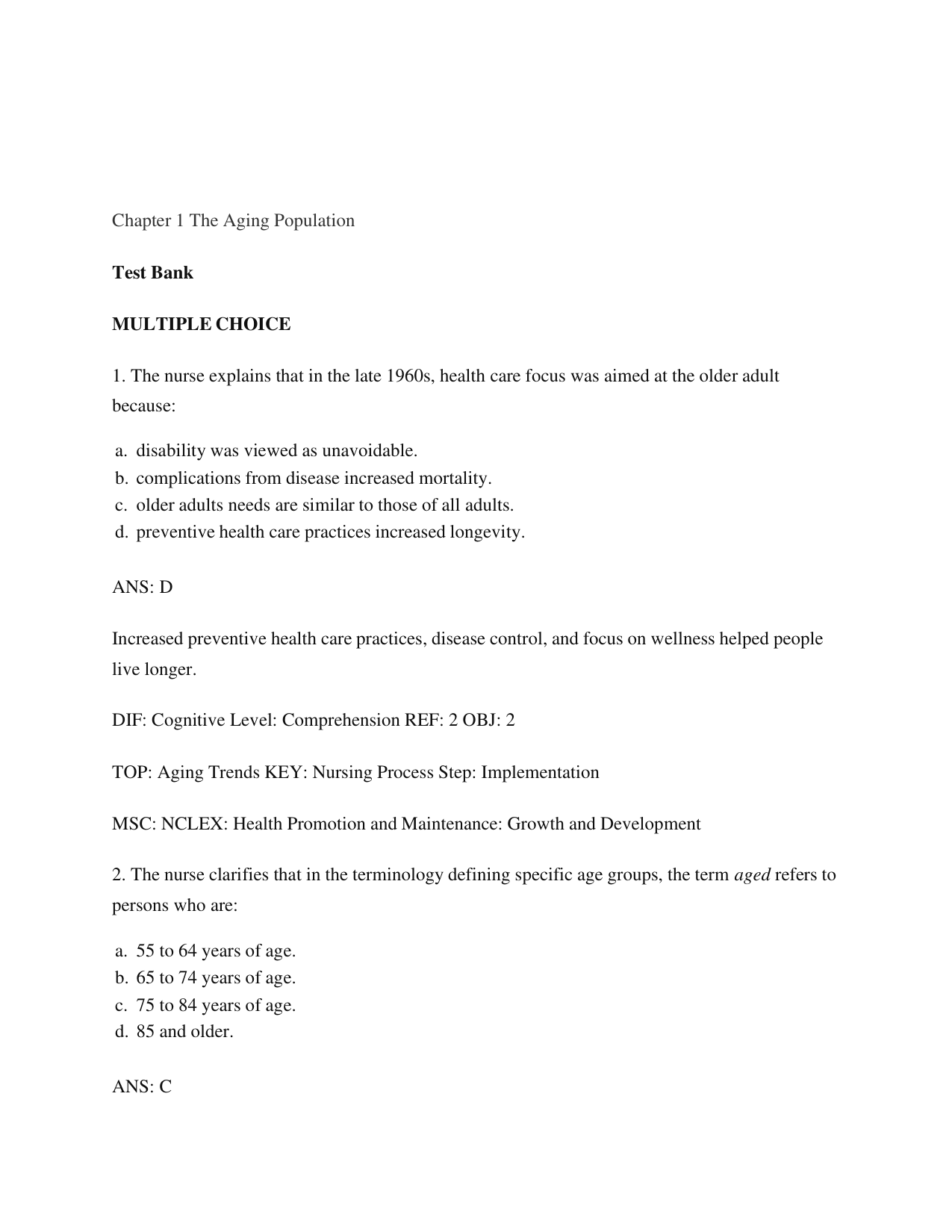 Gerontological Nursing 10th Edition TEST BANK
