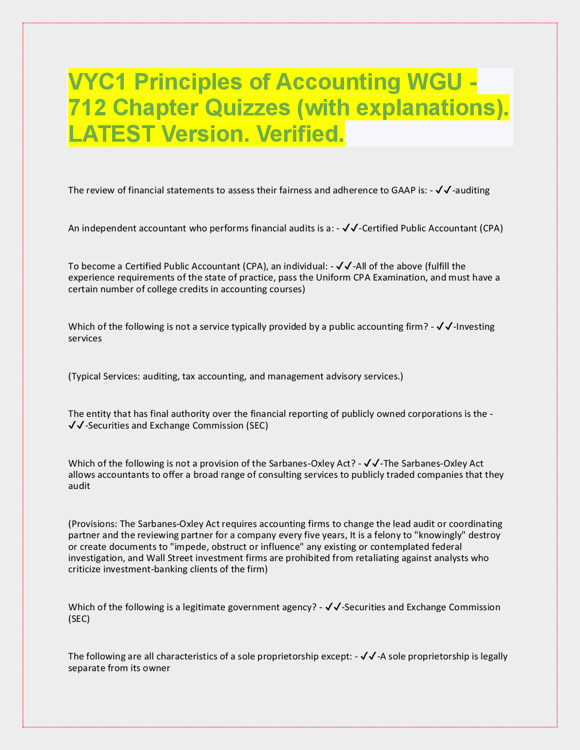 WGU Principles of Accounting Quiz Bank 2026-2027