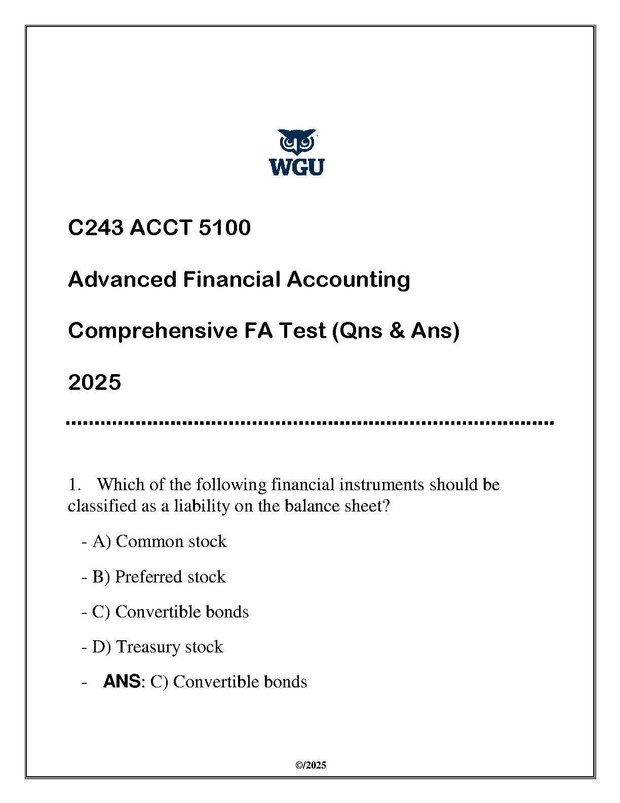 WGU C243 ACCT 5100 Advanced Financial Accounting Test Bank 2025 IMG-1