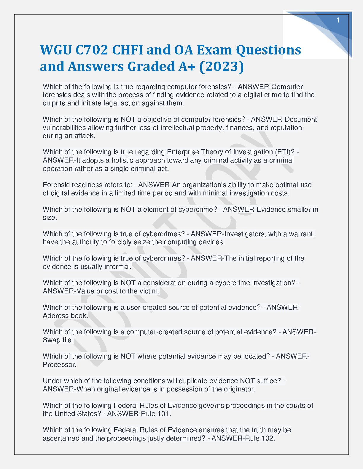 WGU C702 CHFI OA Exam Qs As 2023