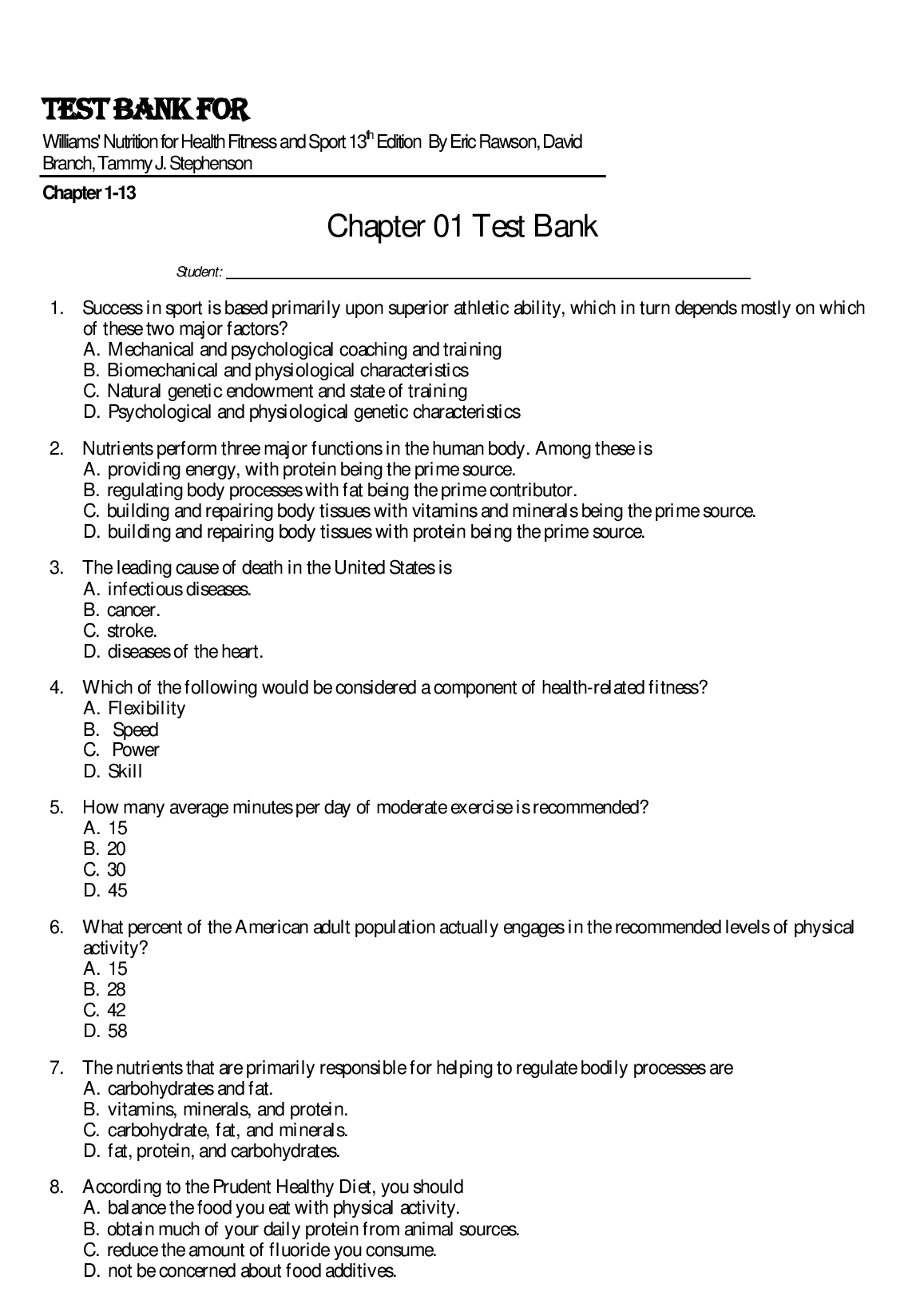 Nutrition Test Bank Williams 13th Ed Exam Prep Questions