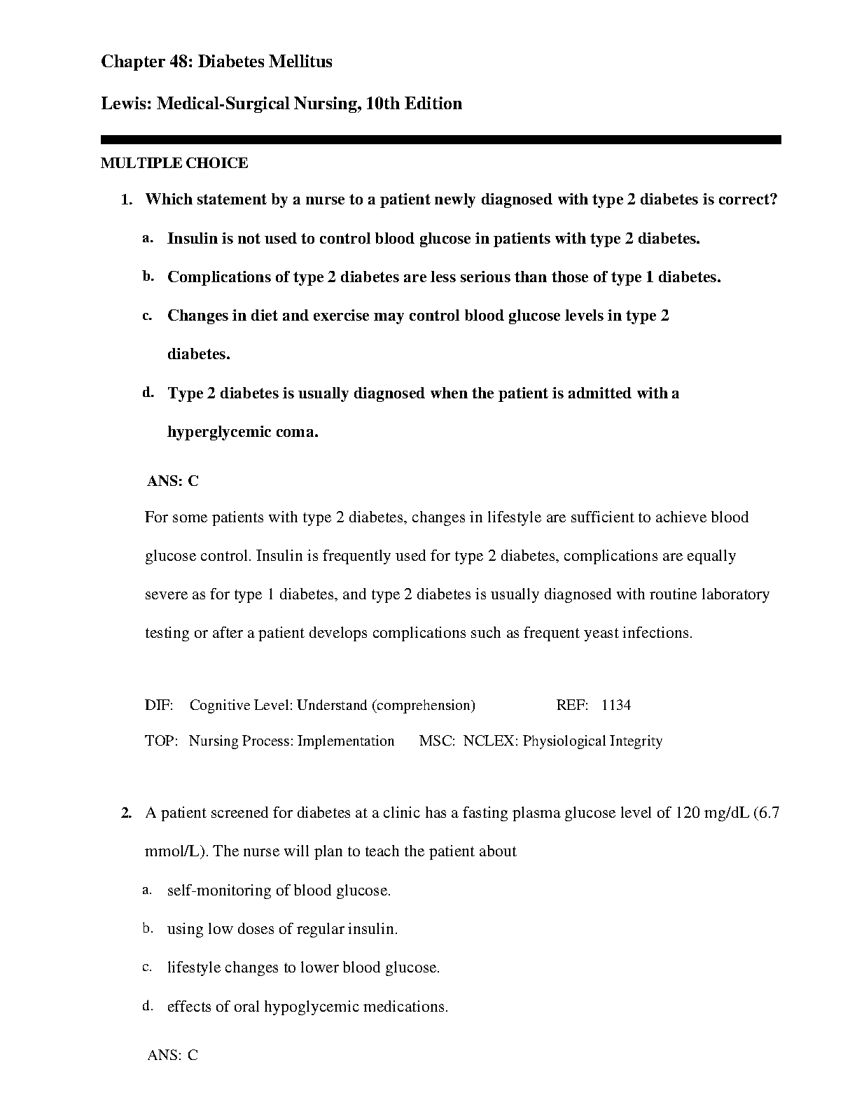 Diabetes Mellitus Test Bank Lewis Nursing 2026/27